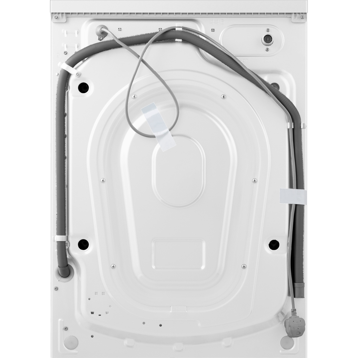 Achteraanzicht van een witte wasmachine met slangen en netsnoer.