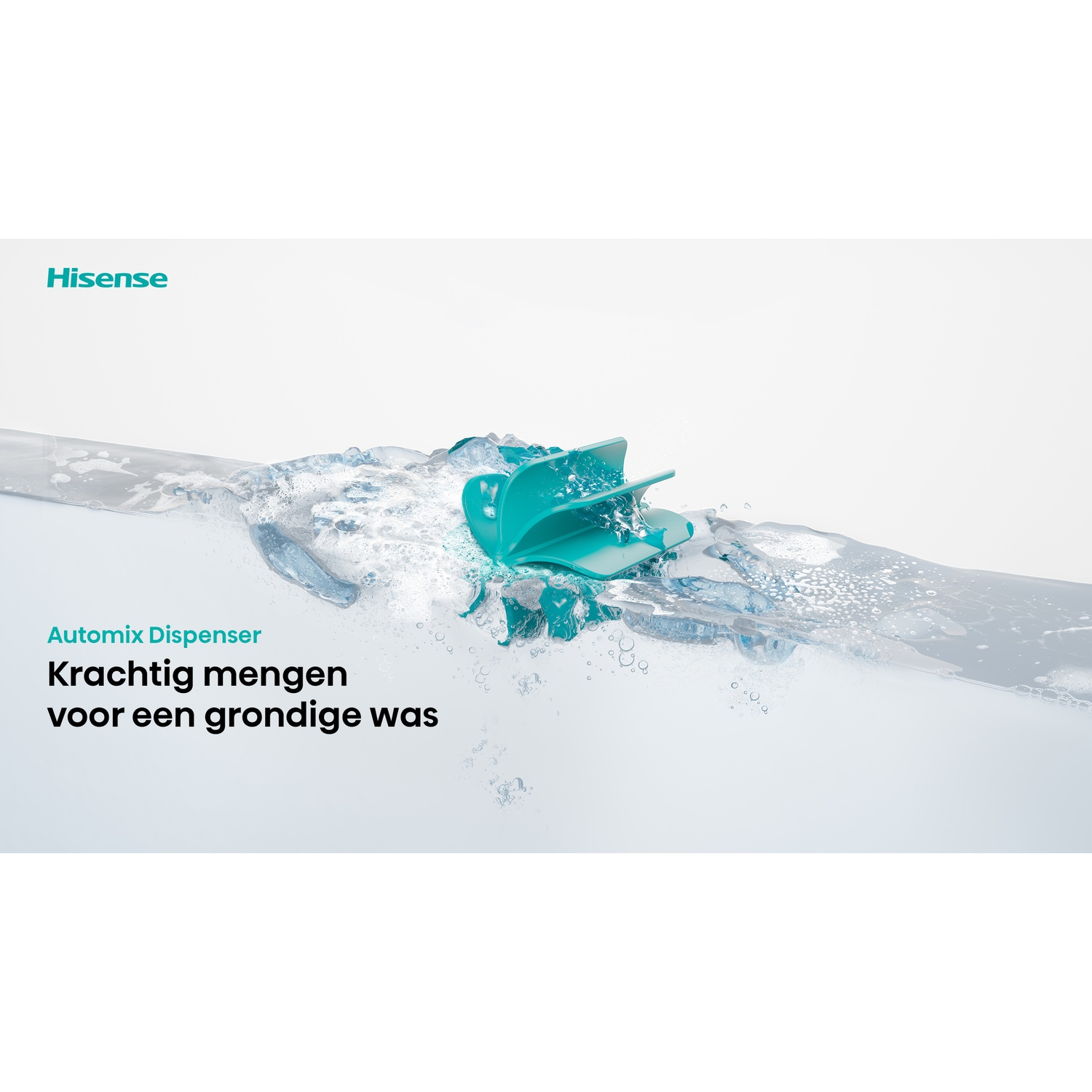 Een turquoise Automix-dispenser mengt kolkend water op een witte achtergrond.