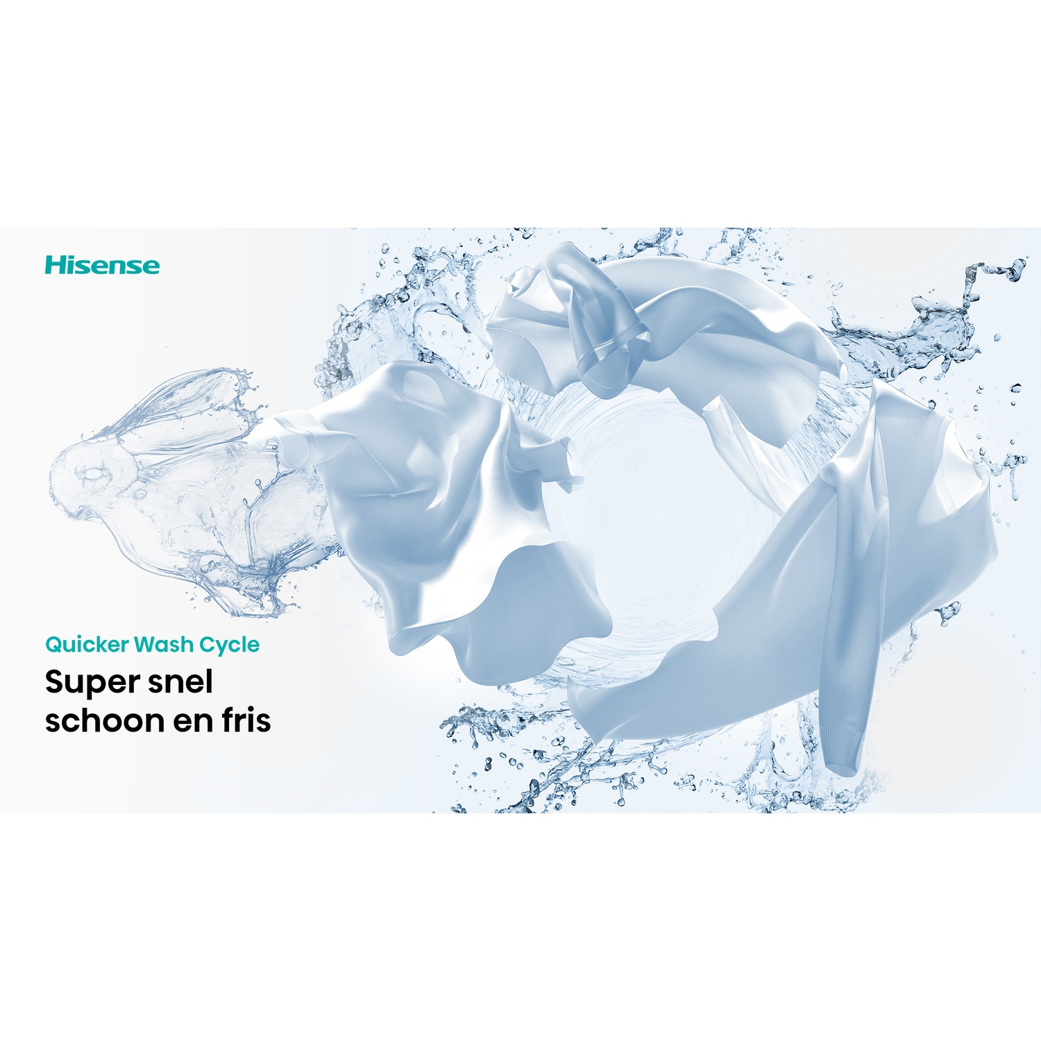 Blauwe kleding draait in water met Hisense logo en tekst.