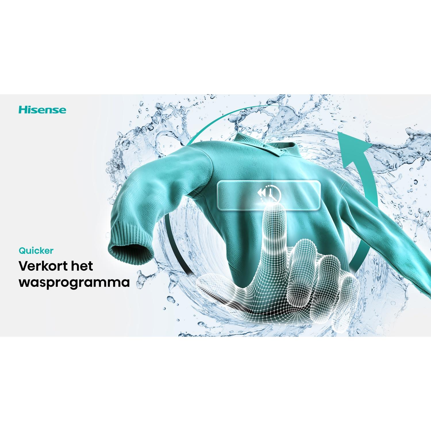 Een draadmodelvinger raakt een blauwe trui aan te midden van waterpatronen.
