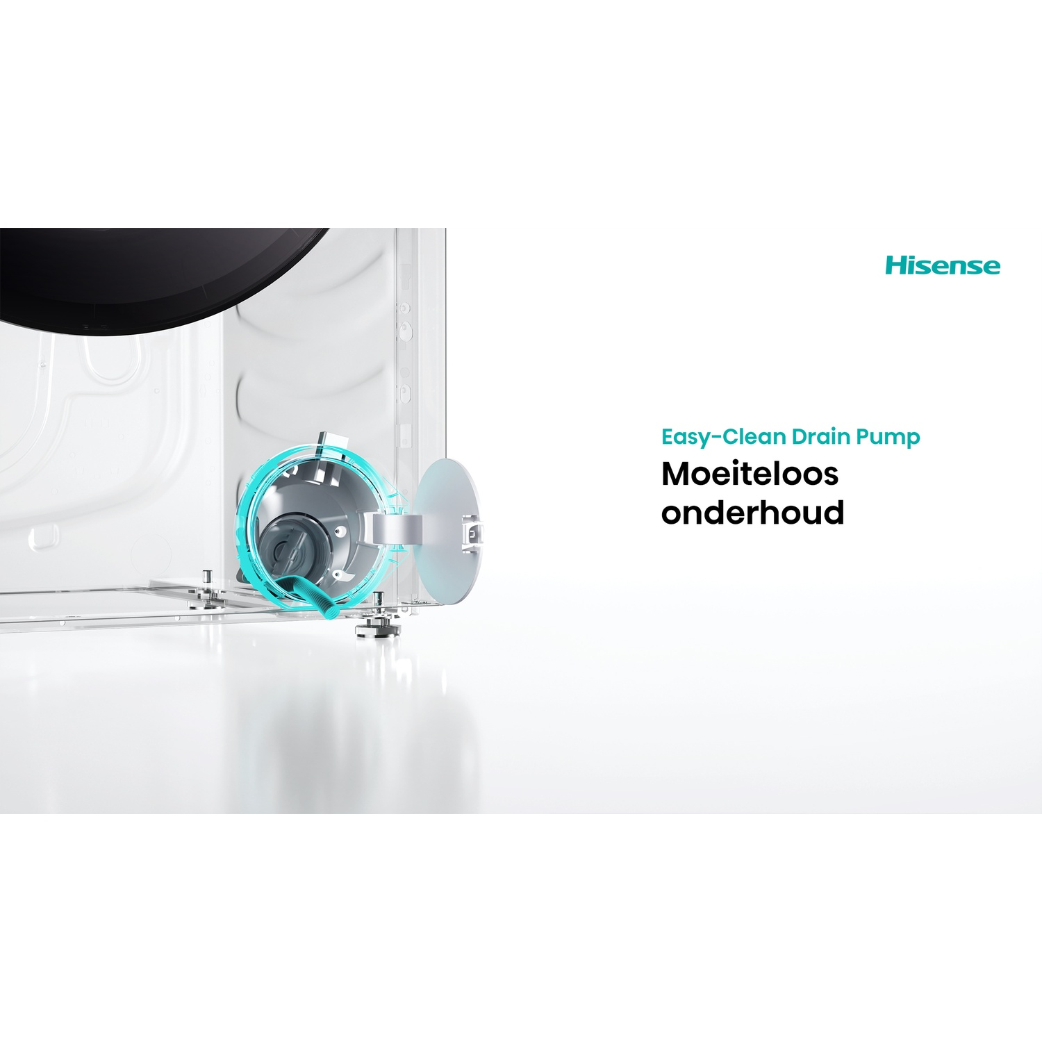 Hisense wasmachine detail toont de eenvoudig te reinigen afvoerpomp met open deur en blauwe markering.