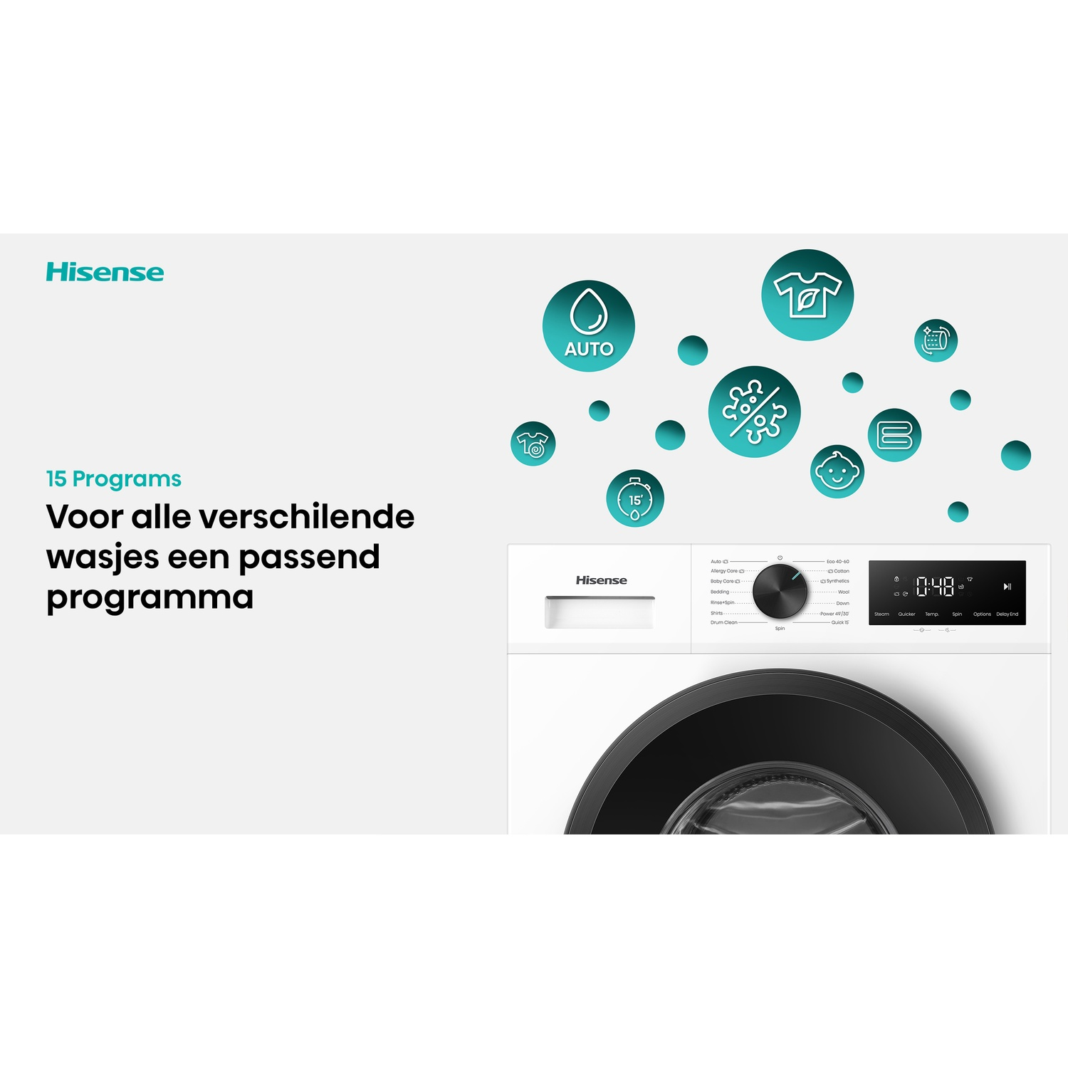 Hisense wasmachine reclame met bedieningspaneel en zwevende programmapictogrammen.