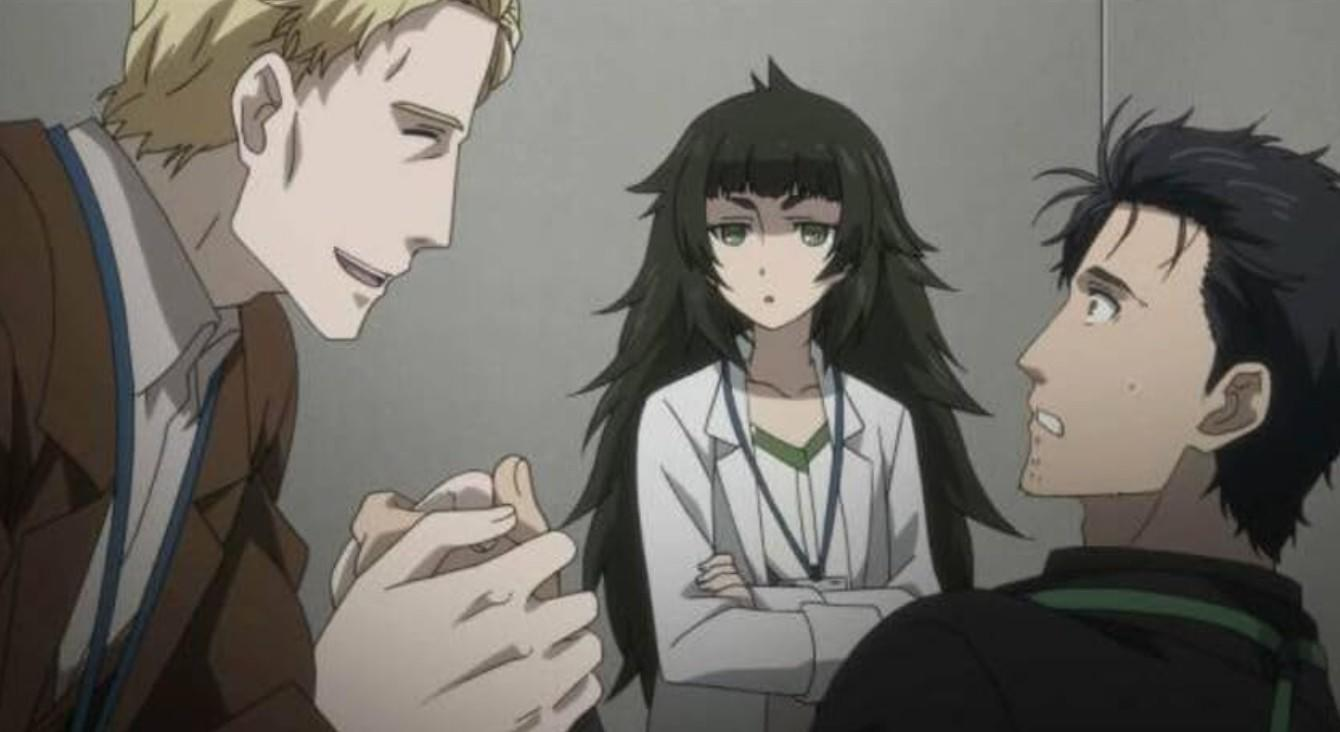 Drei anime-Charaktere in einem Raum, eine Frau in einem weißen Kittel und zwei Männer im Gespräch.