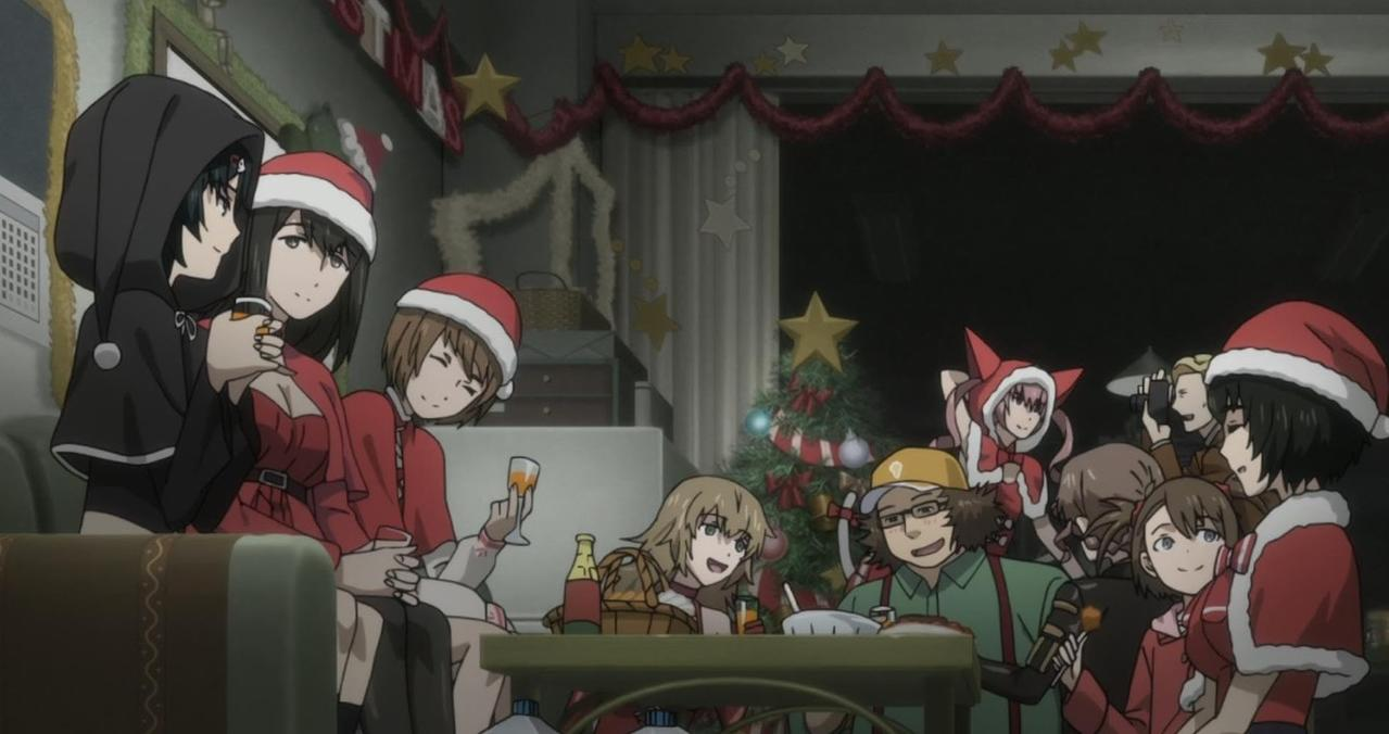 Eine Gruppe animeartiger Charaktere feiert eine fröhliche Weihnachtsparty in einem gemütlich geschmückten Raum.