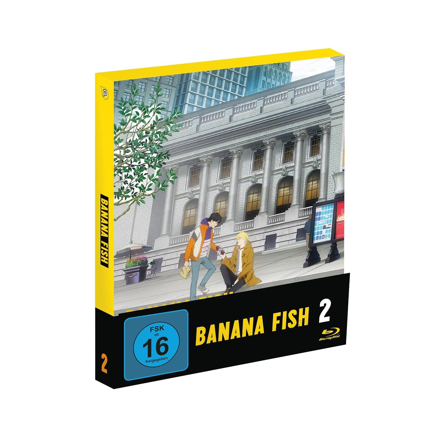 Banana Fish Vol 2 Blu-ray Cover mit zwei Figuren vor klassischer Stadtarchitektur.