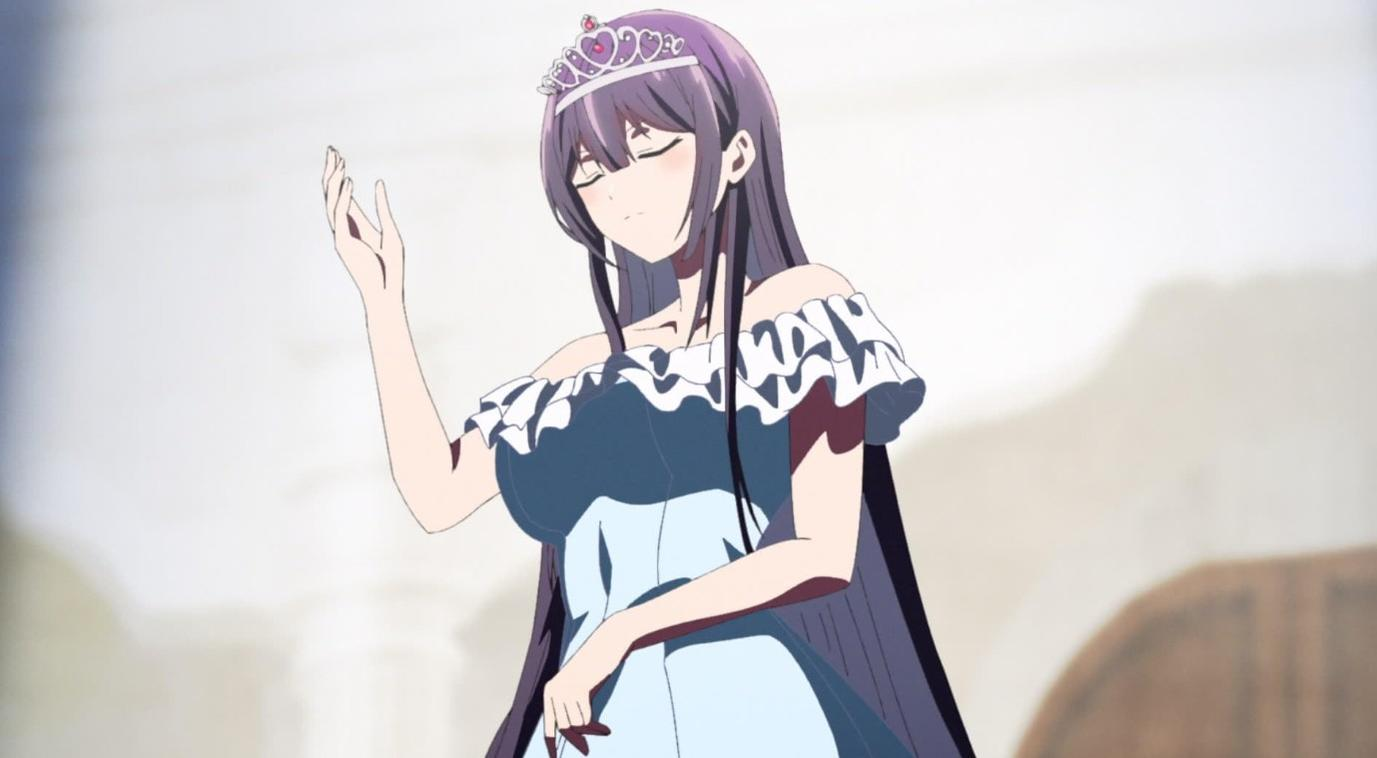 Anime-Prinzessin mit langen violetten Haaren, Tiara und blau-weißem Kleid, die ihre Hand hebt.