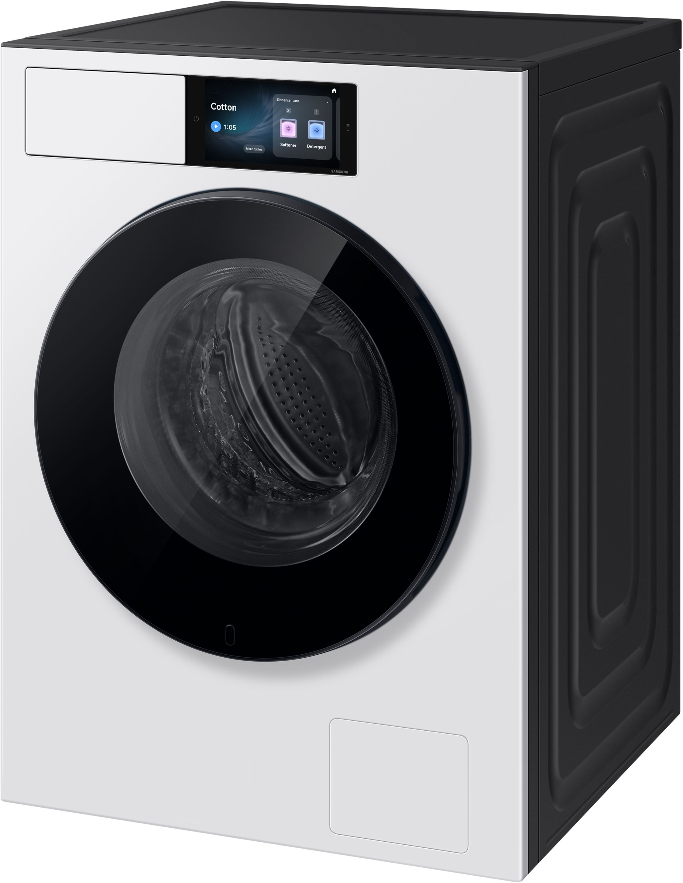 Moderne weiß-schwarze Waschmaschine mit digitalem Touch-Display.