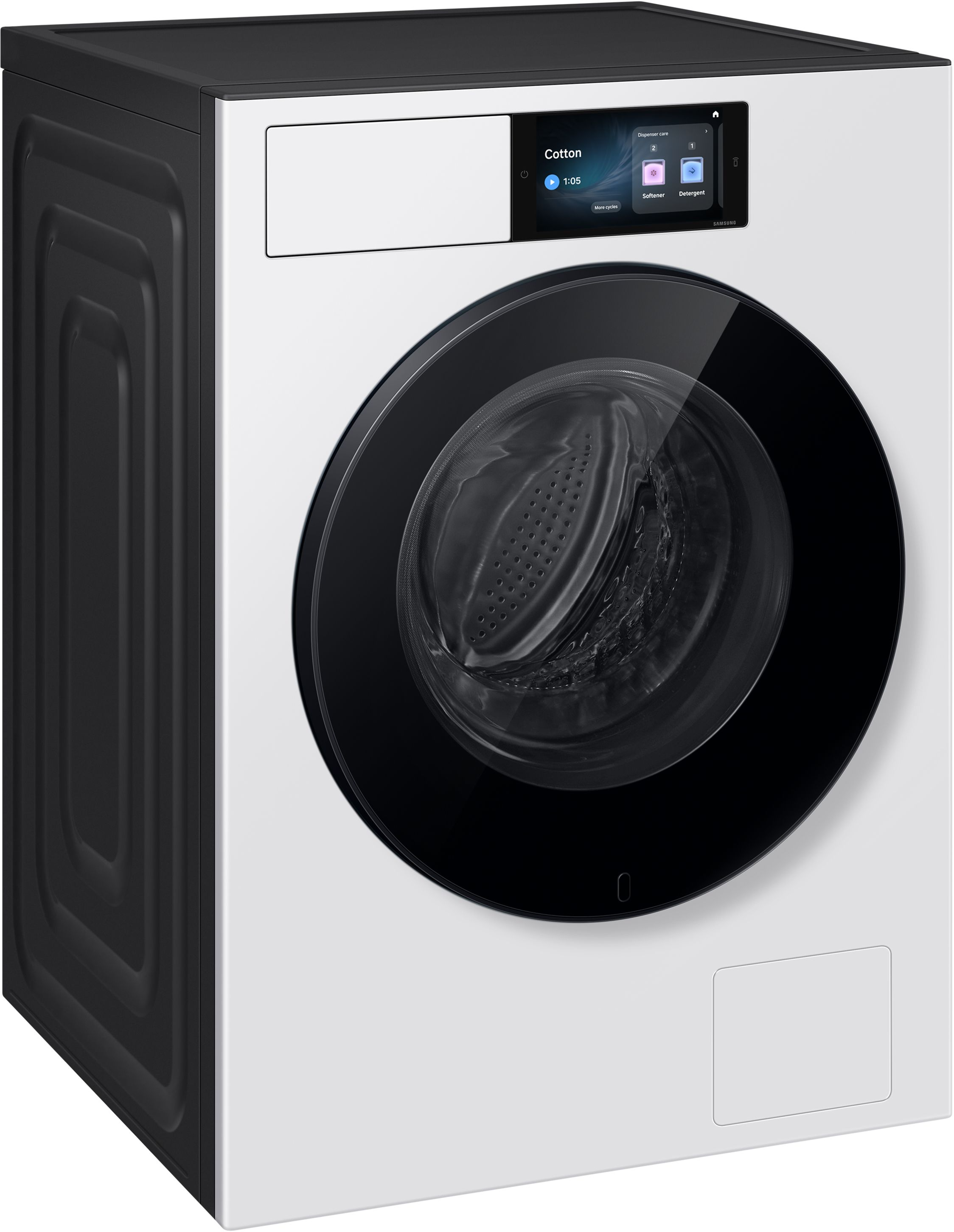 Moderne weiße Waschmaschine mit schwarzem Bullauge und digitalem Touchscreen-Display.