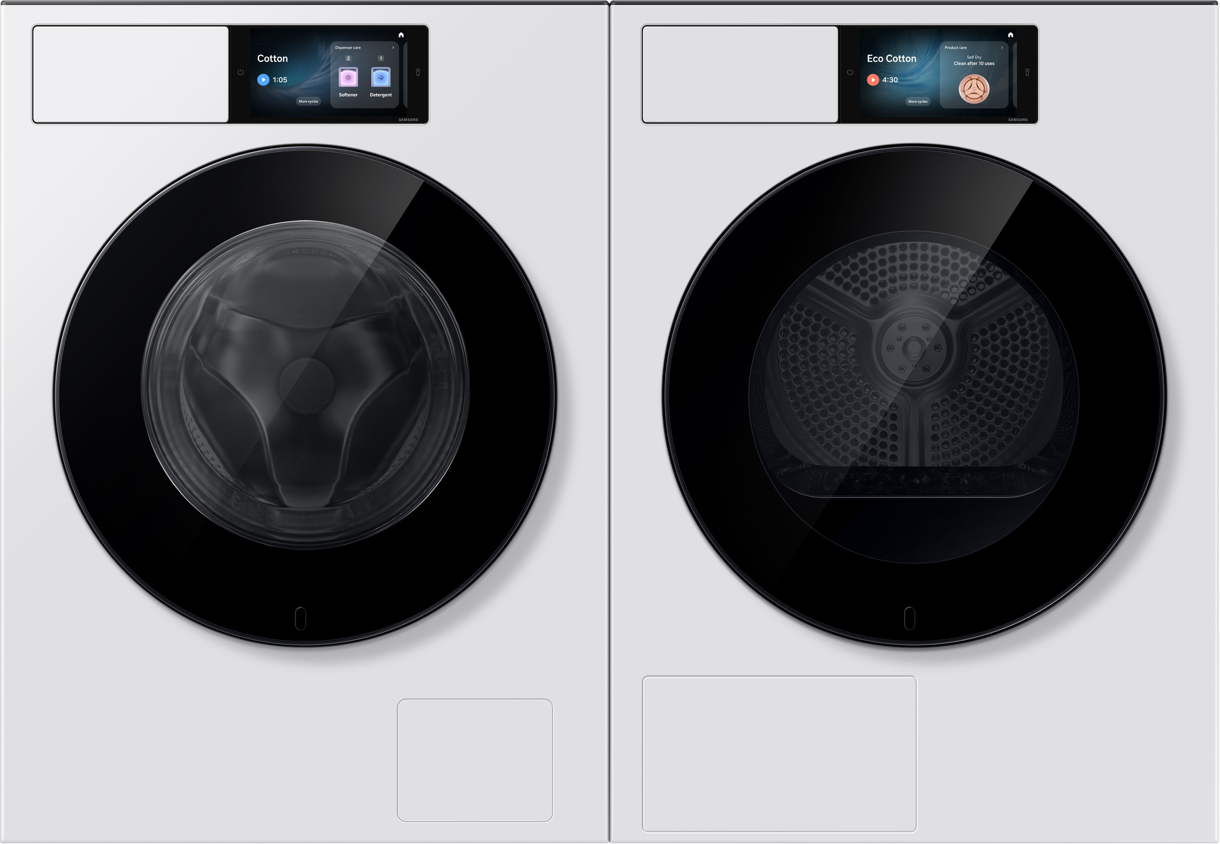 Zwei weiße Samsung-Haushaltsgeräte mit großen schwarzen Glastüren und digitalen Displays.