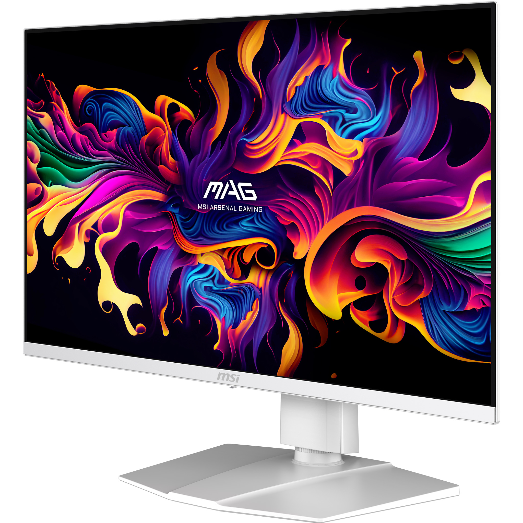 Ein weißer MSI-Gaming-Monitor zeigt einen bunten, abstrakten Bildschirmschoner.