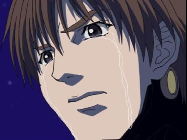 Ein Anime-Mann mit braunen Haaren, der Tränen in den Augen hat, vor dunklem Hintergrund.