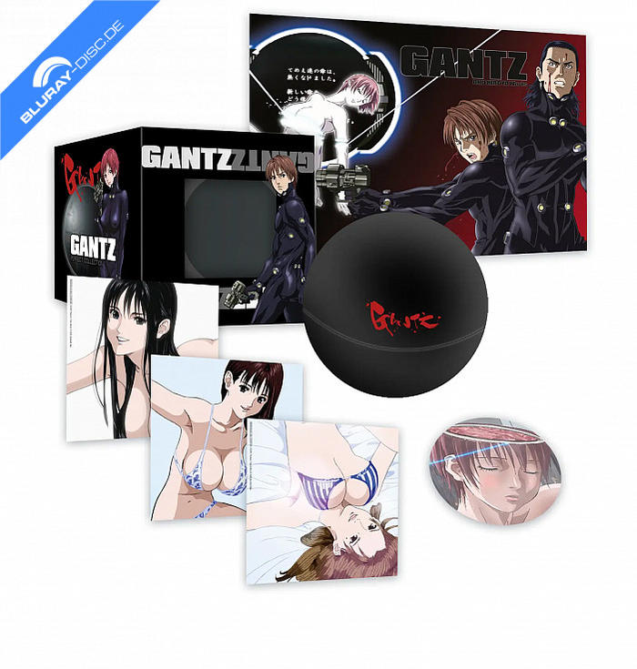 Gantz Anime Sammlerset mit schwarzer Box, Postern, Charakterkarten und einer schwarzen Kugel mit rotem Logo.