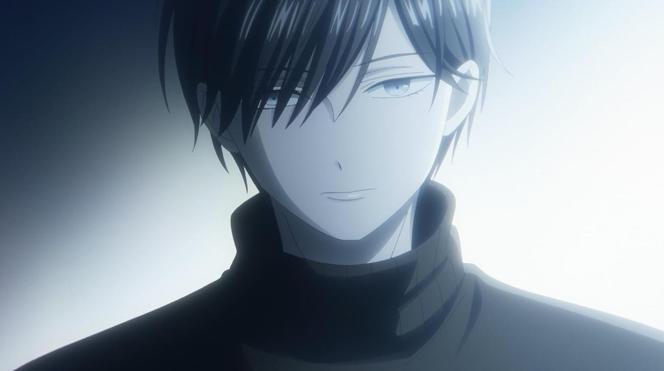 Anime-Charakter mit dunklen Haaren, blauem Auge und schwarzem Rollkragenpullover.