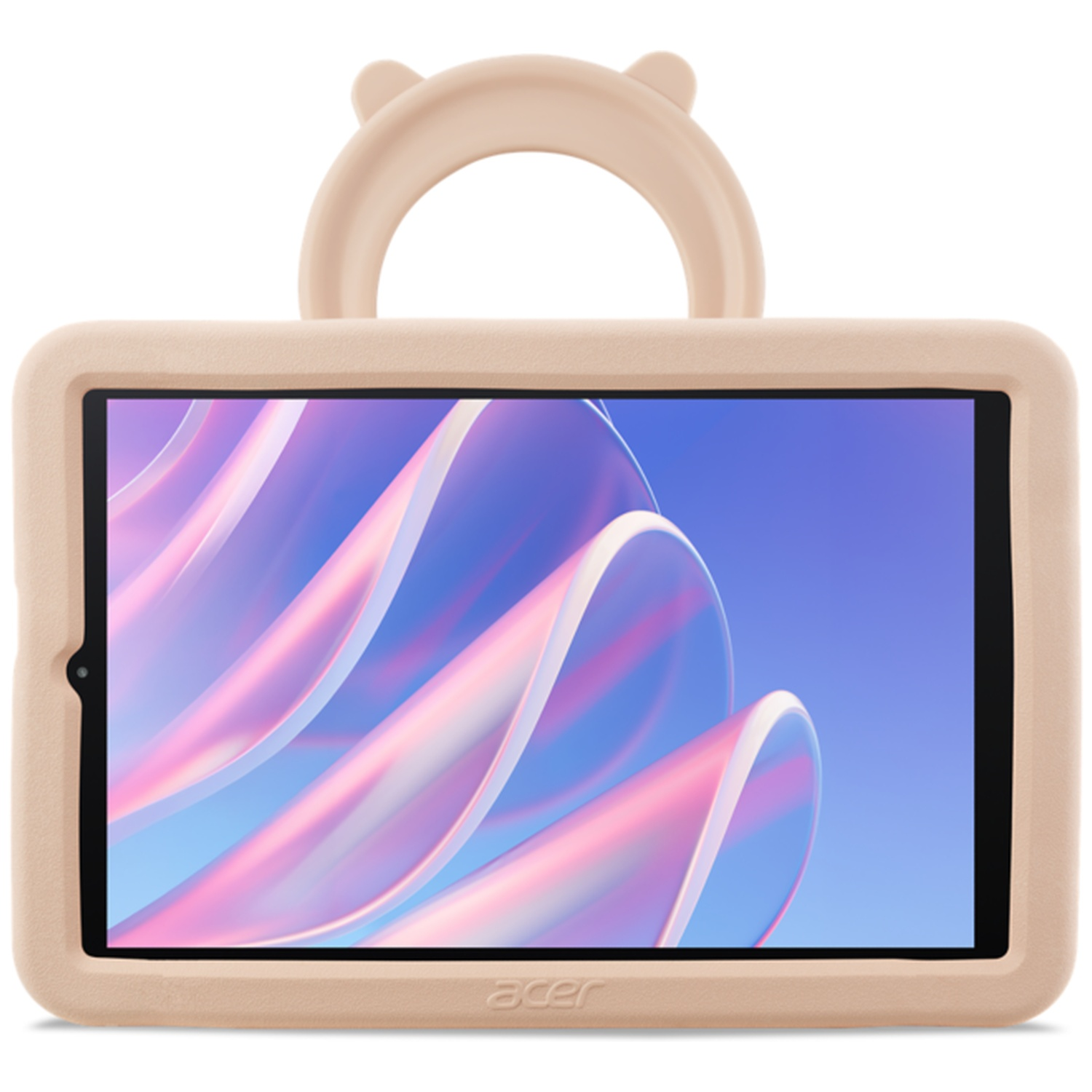 Een beige kinder-tablet in een siliconen hoes met handvat en oren toont een abstract roze en blauw behang.