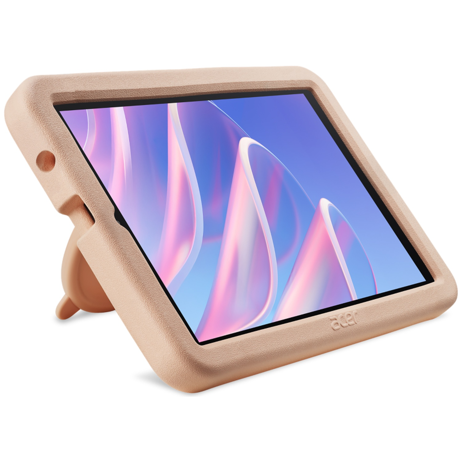 Een tablet in beige schuimstofhoes met standaard, scherm toont abstracte roze en blauwe lijnen.