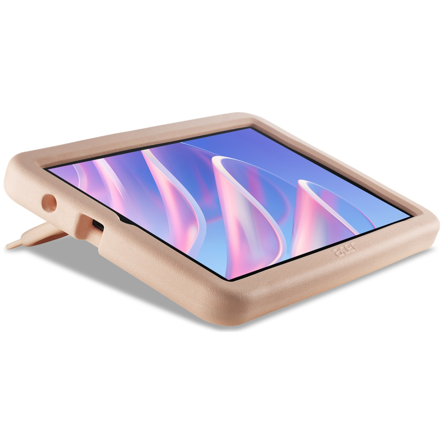 Een tablet in een roze beschermhoes met geïntegreerde stand en blauw-roze displaygrafiek op een witte achtergrond.