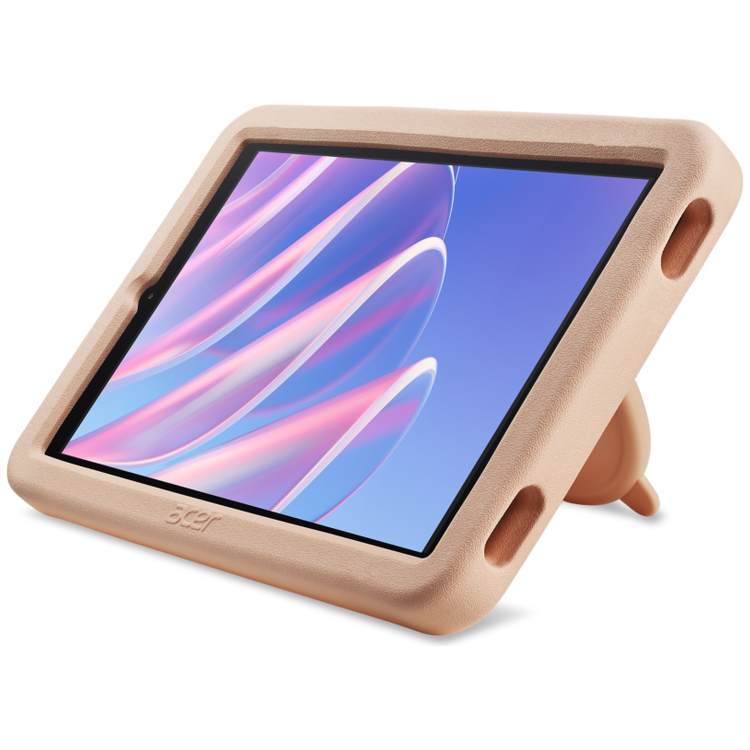 Een beige Acer tablet in beschermhoes, schuin geplaatst met standaard op witte achtergrond.