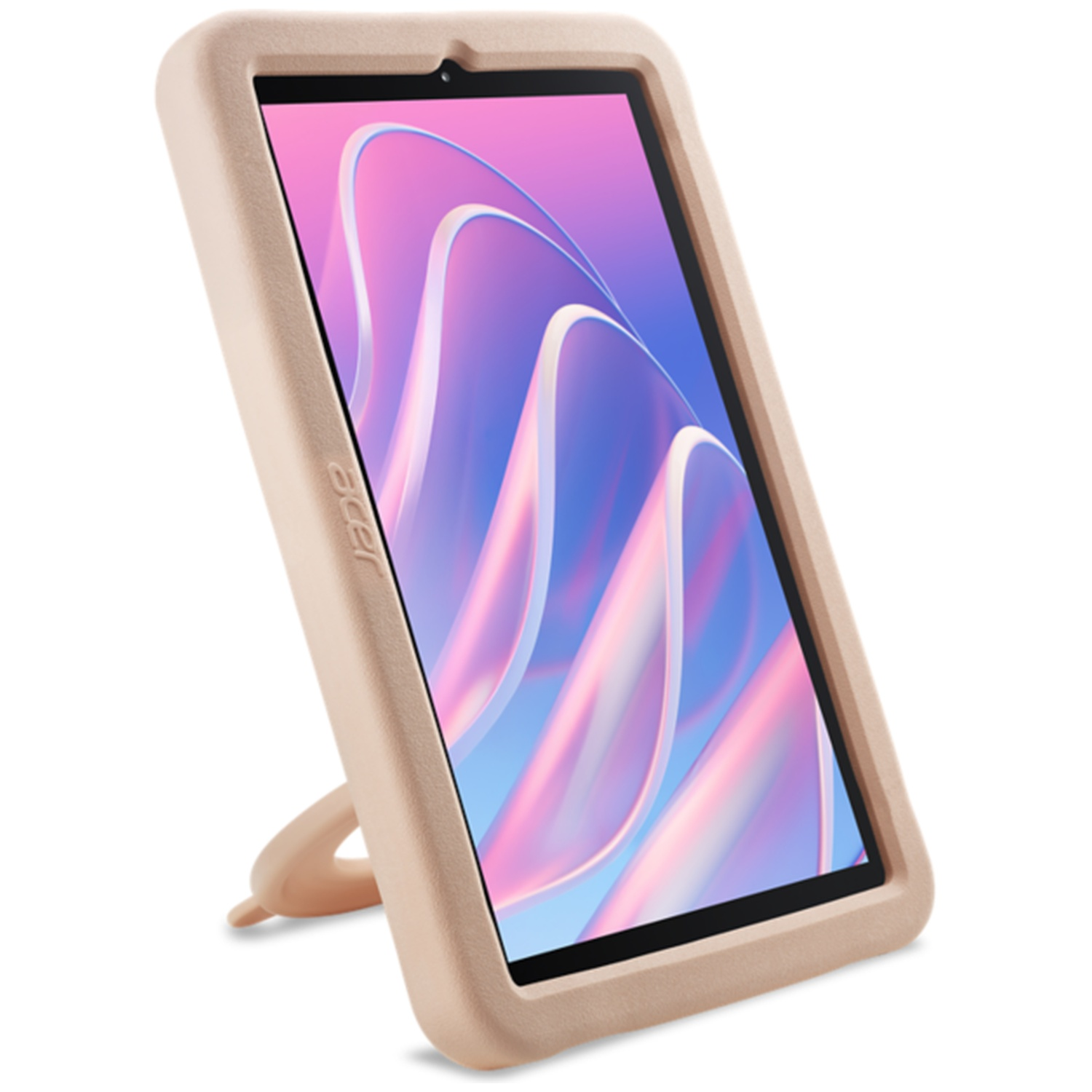Acer-tablet in beige standaard met een abstract paars-blauw scherm.
