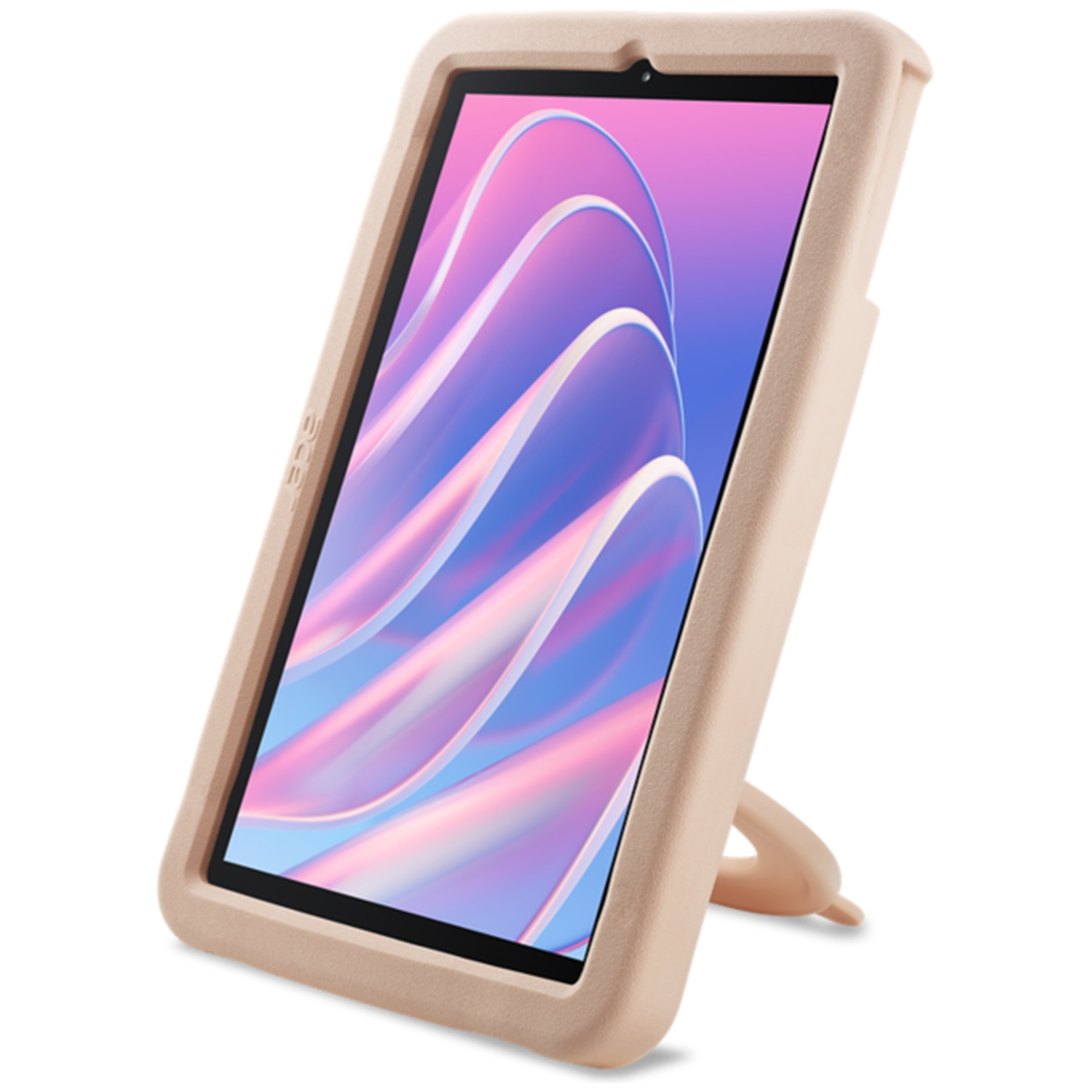 Een tablet in een beige beschermhoes staat rechtop, het scherm toont een roze en blauw abstract ontwerp.
