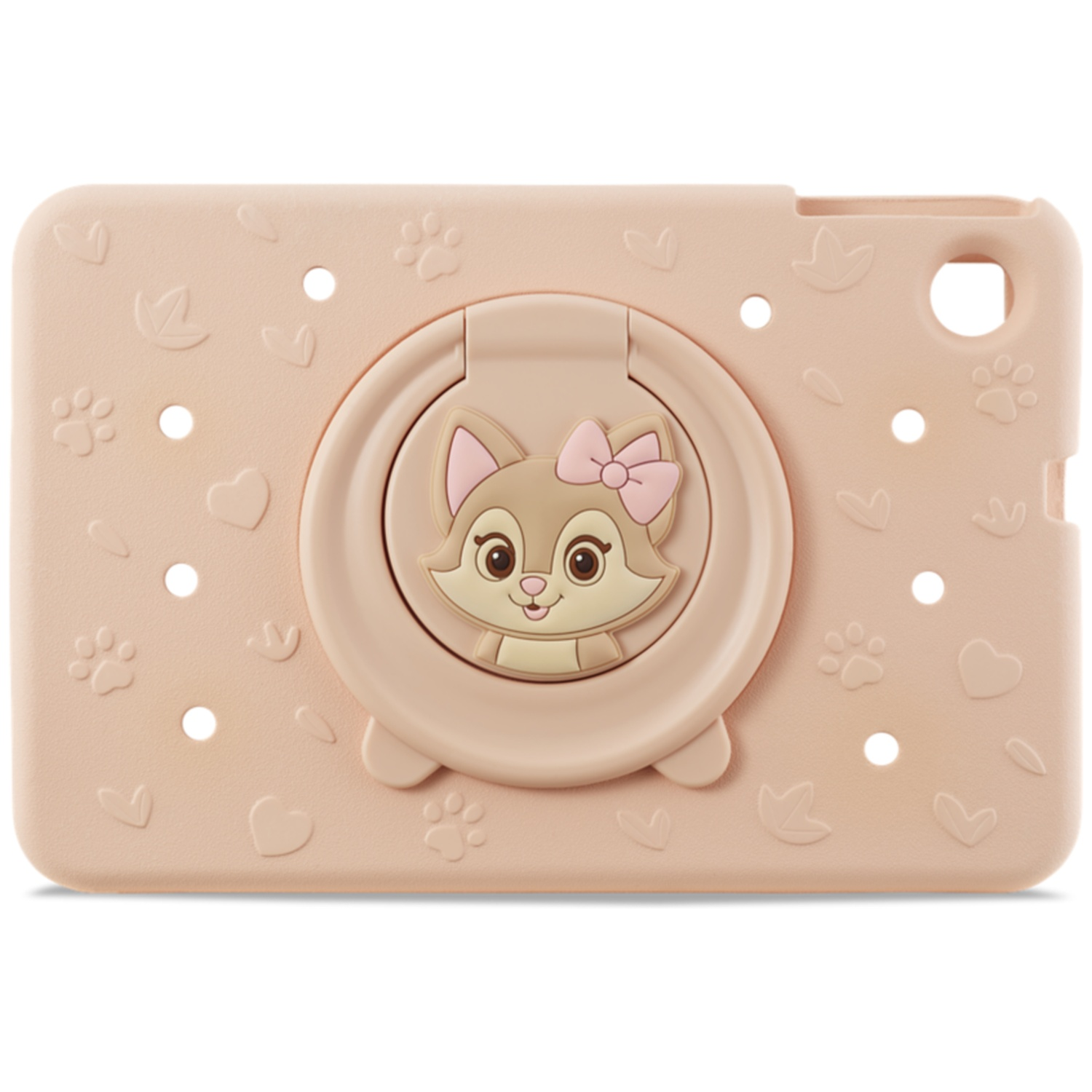 Roze tablet beschermhoes met dierenmotieven, pootafdrukken en een katten ringhouder.