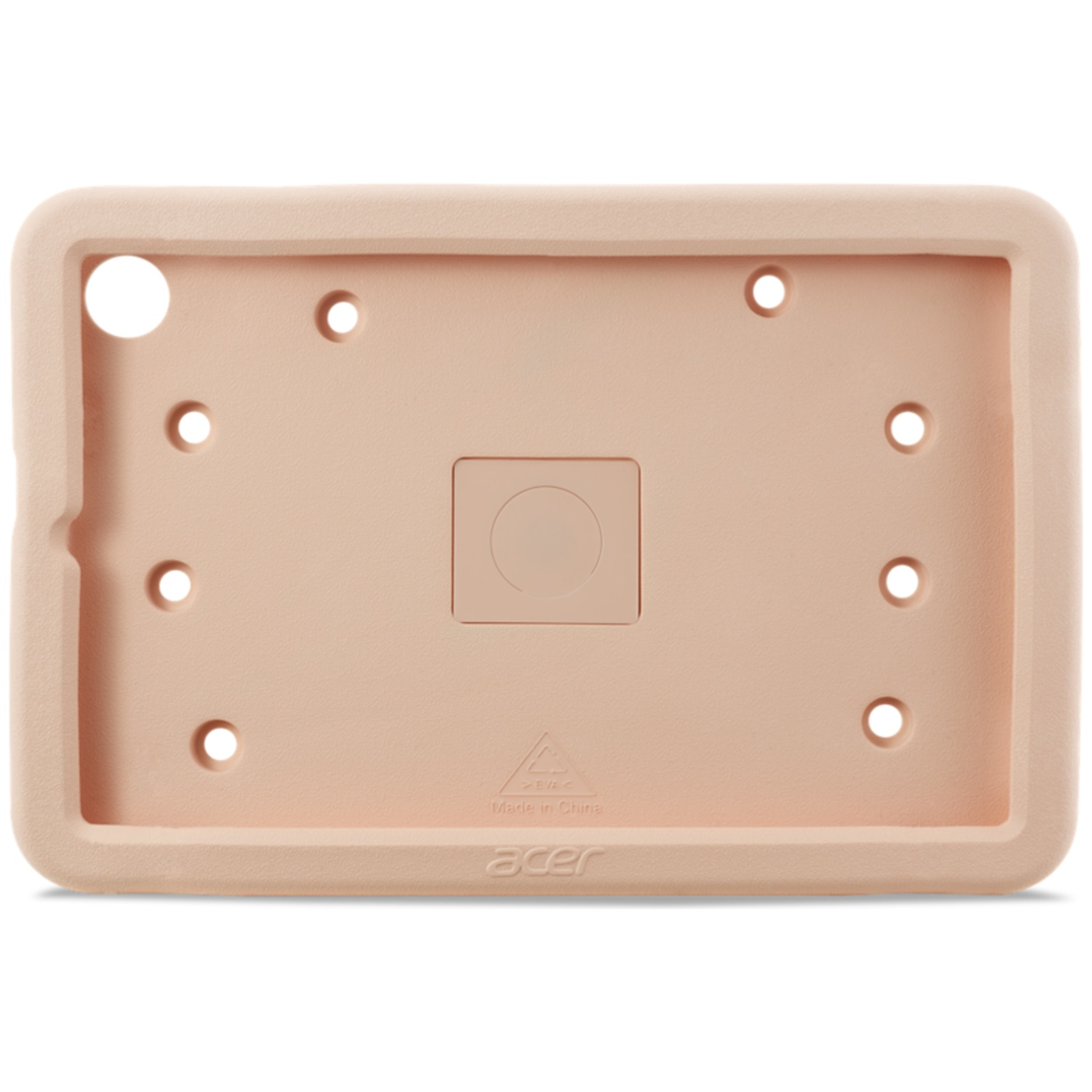 Roze siliconen tabletcase met meerdere ronde en vierkante uitsparingen en het Acer-logo onderaan.
