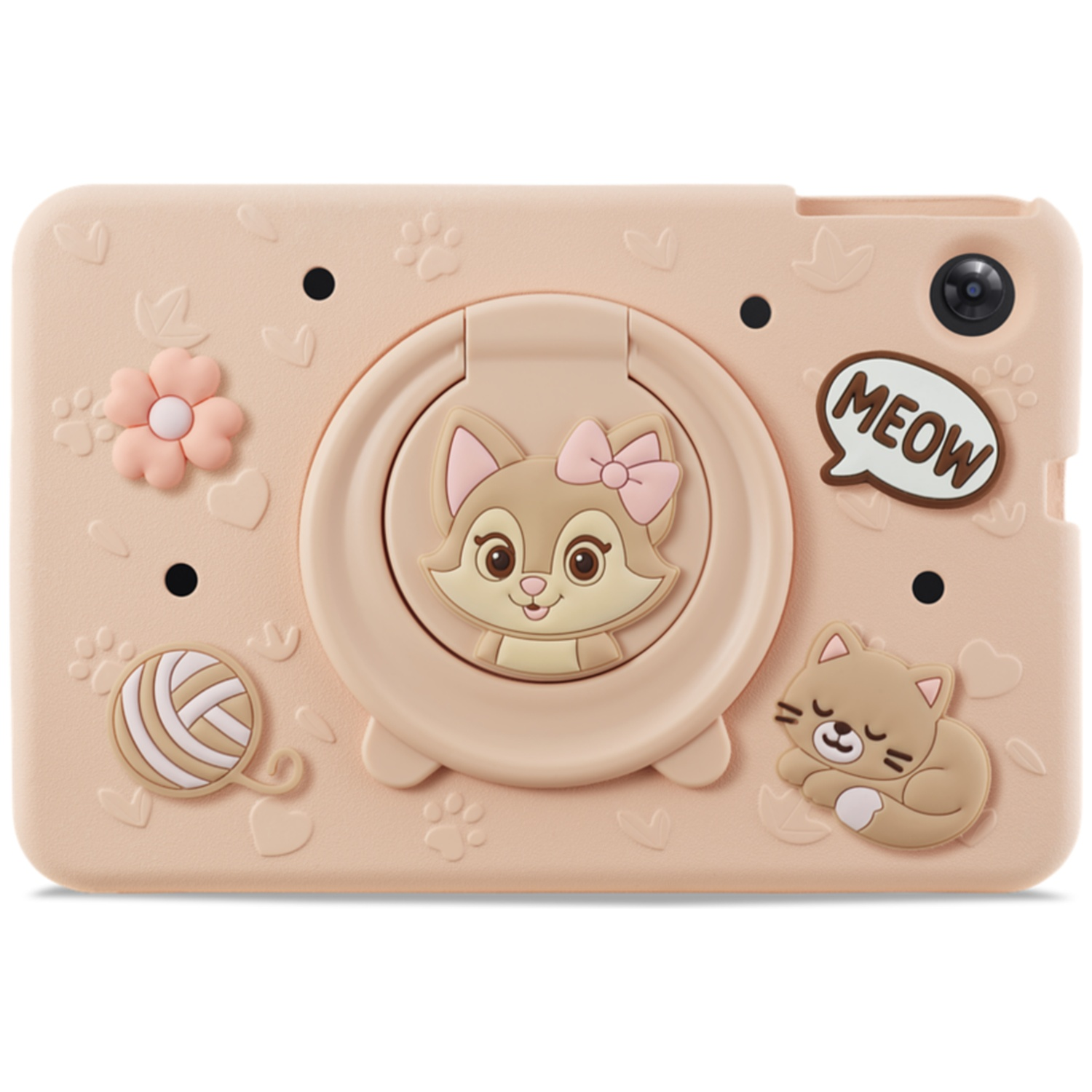 Een roze tablethoes versierd met schattige kattenontwerpen, een bloem, een bol wol en een Meow-wolk.