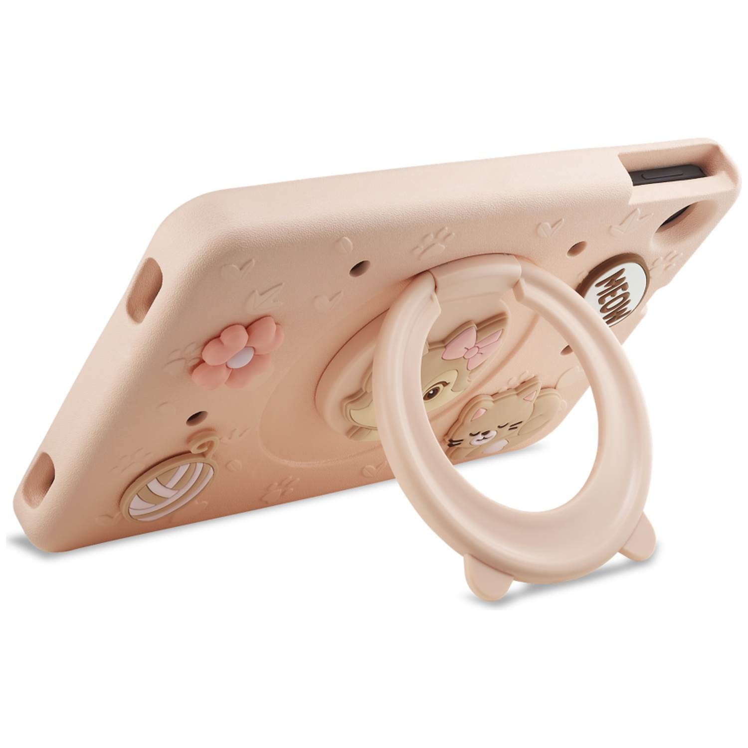 Een roze tablethoes met kattenontwerp en ingebouwde ringstandaard op witte achtergrond.
