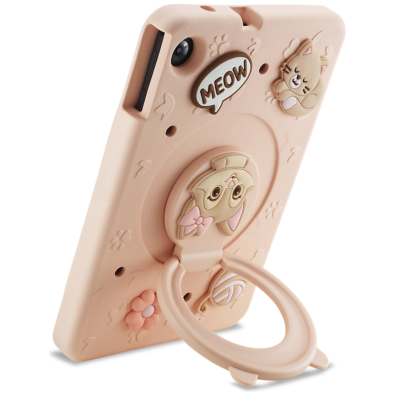Beige telefoonhoesje met kattenmotief, Meow-tekst en ringstandaard.