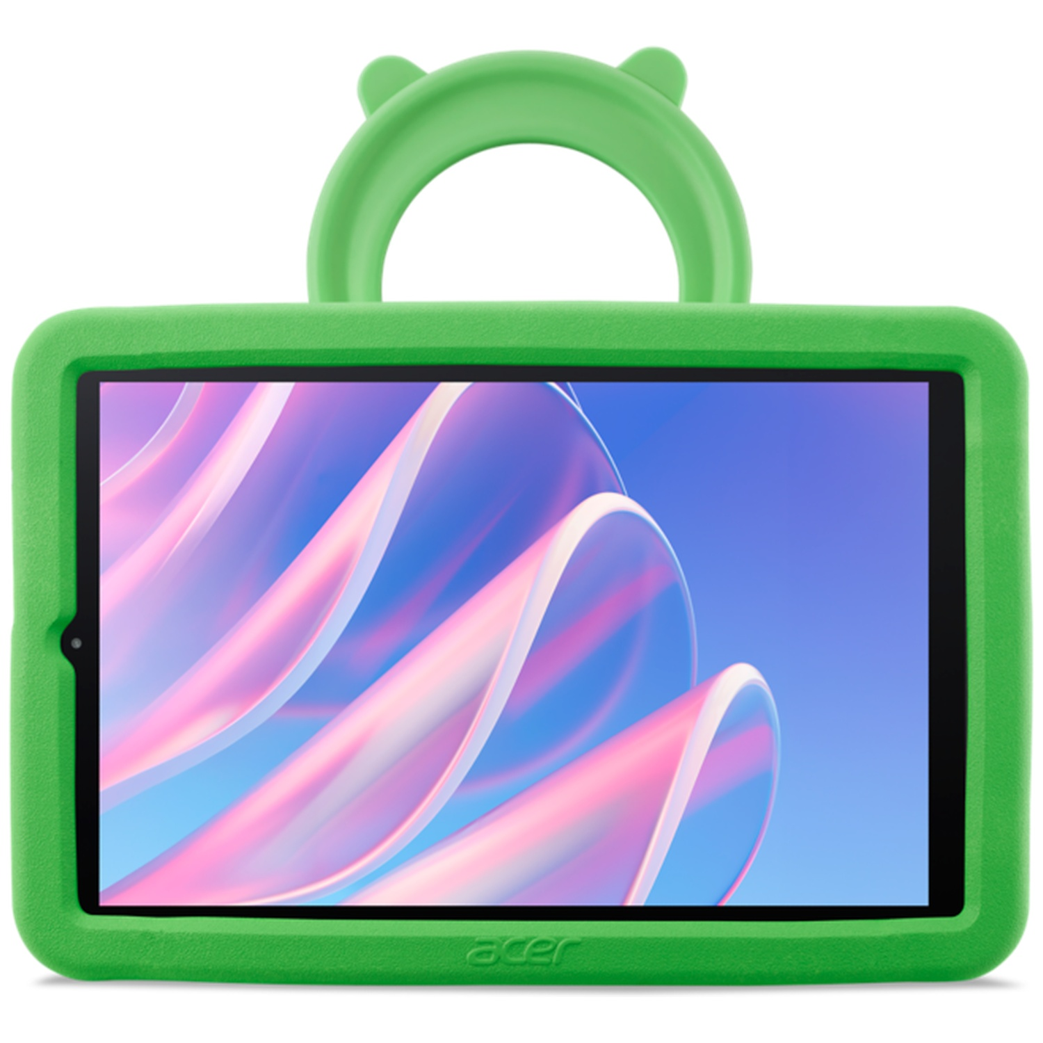 Groene kindertablet met hoes en handvat toont een abstracte kleurrijke achtergrond.