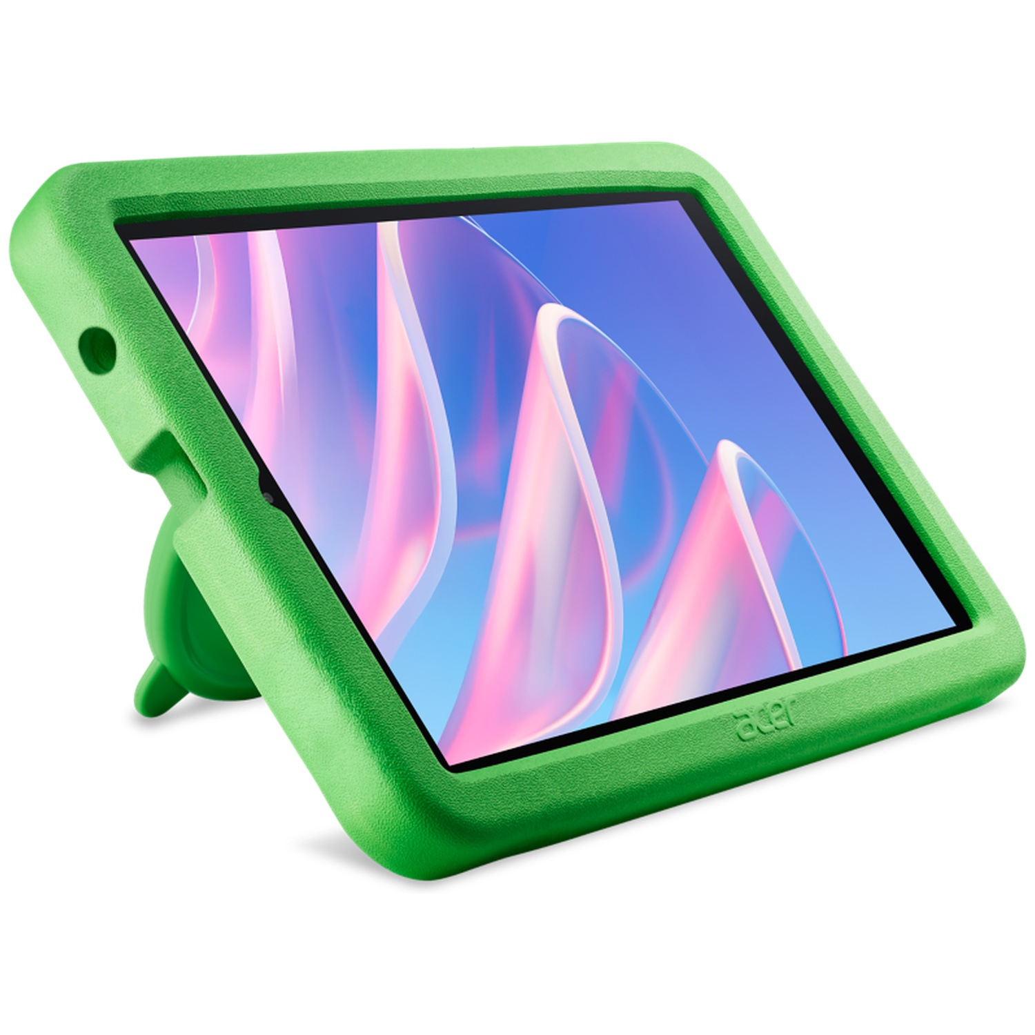 Een groene tablet in een beschermhoes op een witte achtergrond toont een abstract kleurenscherm.