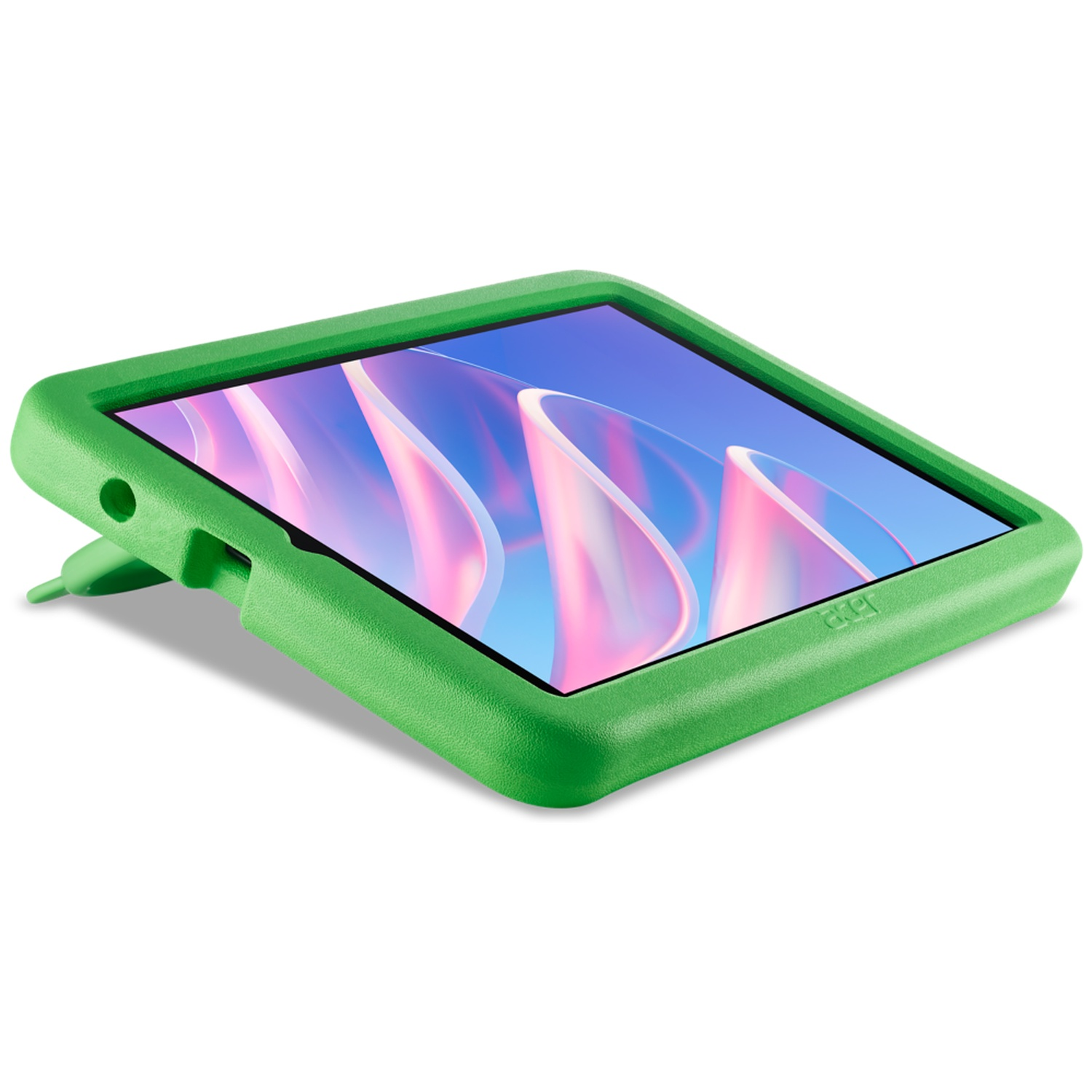 Een groene tablet in beschermhoes staat op een witte achtergrond.
