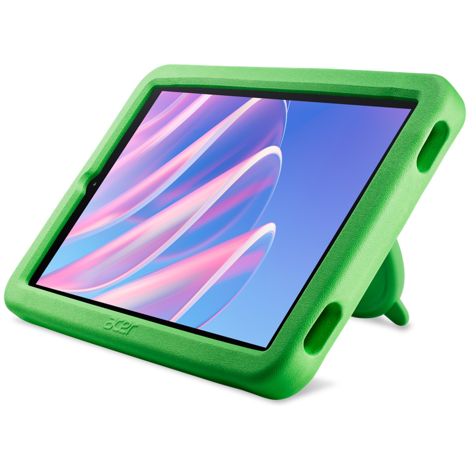 Groene tablet in een beschermhoes met standaard op een witte achtergrond.