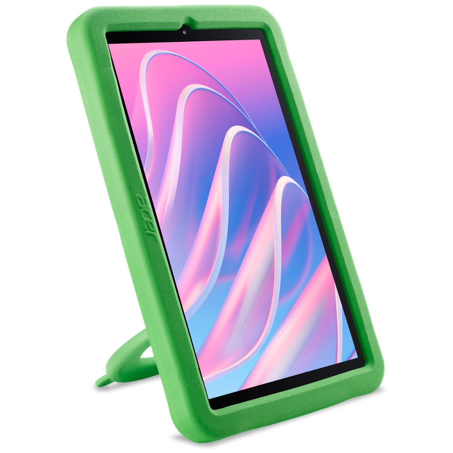 Een groene tablet in een beschermhoes staat op een witte achtergrond met een kleurrijke, abstracte achtergrond.
