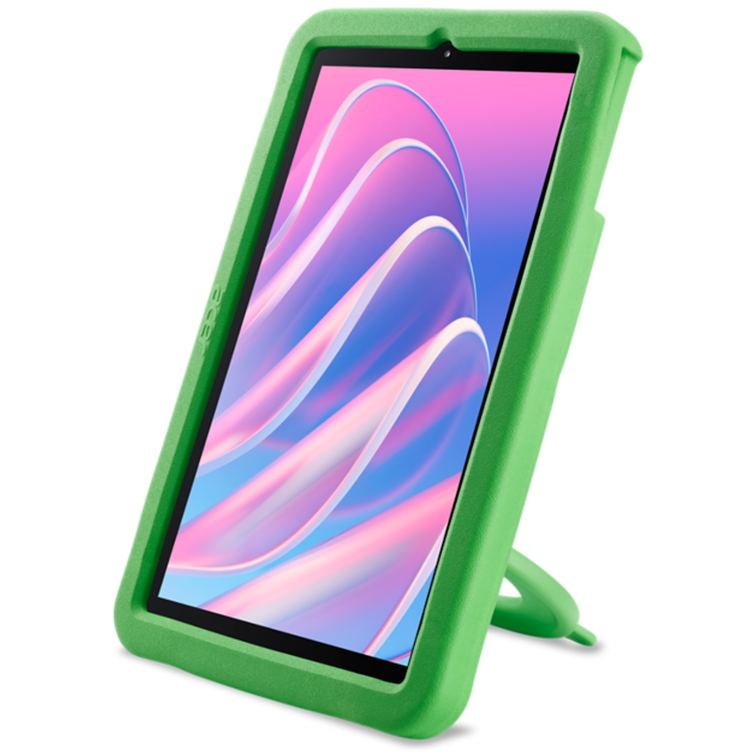 Een tablet in een felgroene beschermhoes met geïntegreerde stand en een kleurrijke abstracte achtergrond.