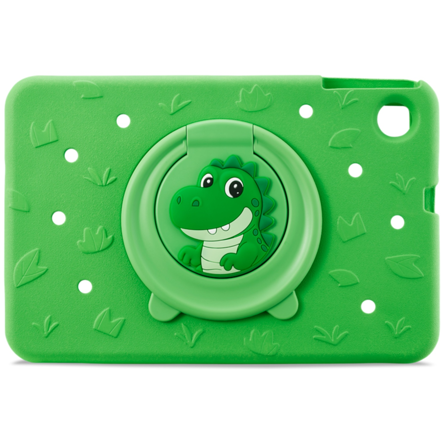 Groene tablethoes met een schattige dinosaurus en een geïntegreerde standaard.