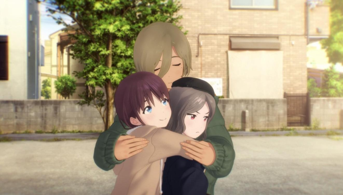 Drei anime Charaktere umarmen sich warm auf einer leeren Straße vor einem Gebäude.