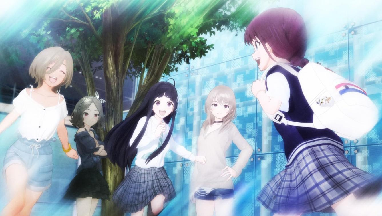 Fünf anime-stilierte Mädchen mit Rucksäcken und Uniformen lachen und versammeln sich im Freien unter grünen Bäumen.