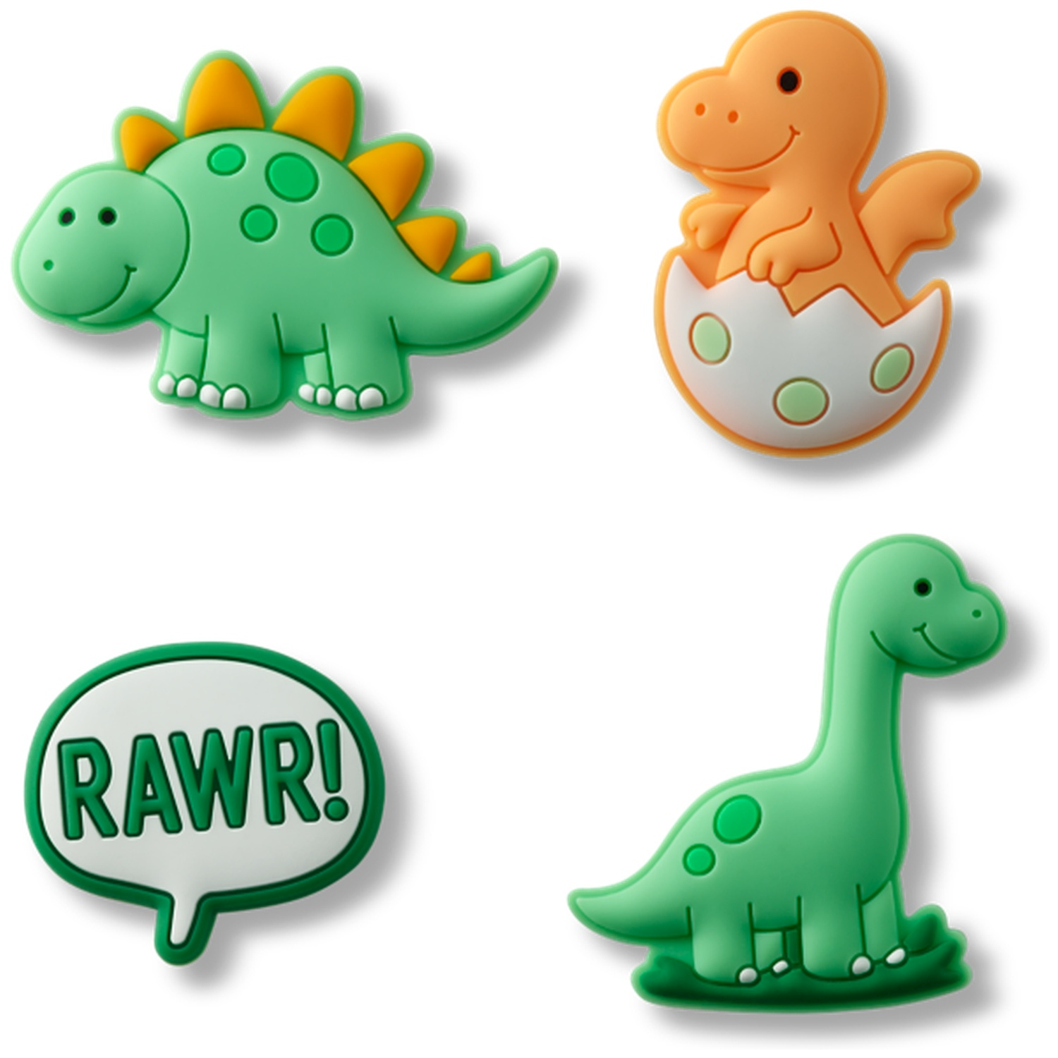 Vier kleurrijke dinosaurusemblemen met een groene stegosaurus, een uitkomende baby-dino en de tekst RAWR!