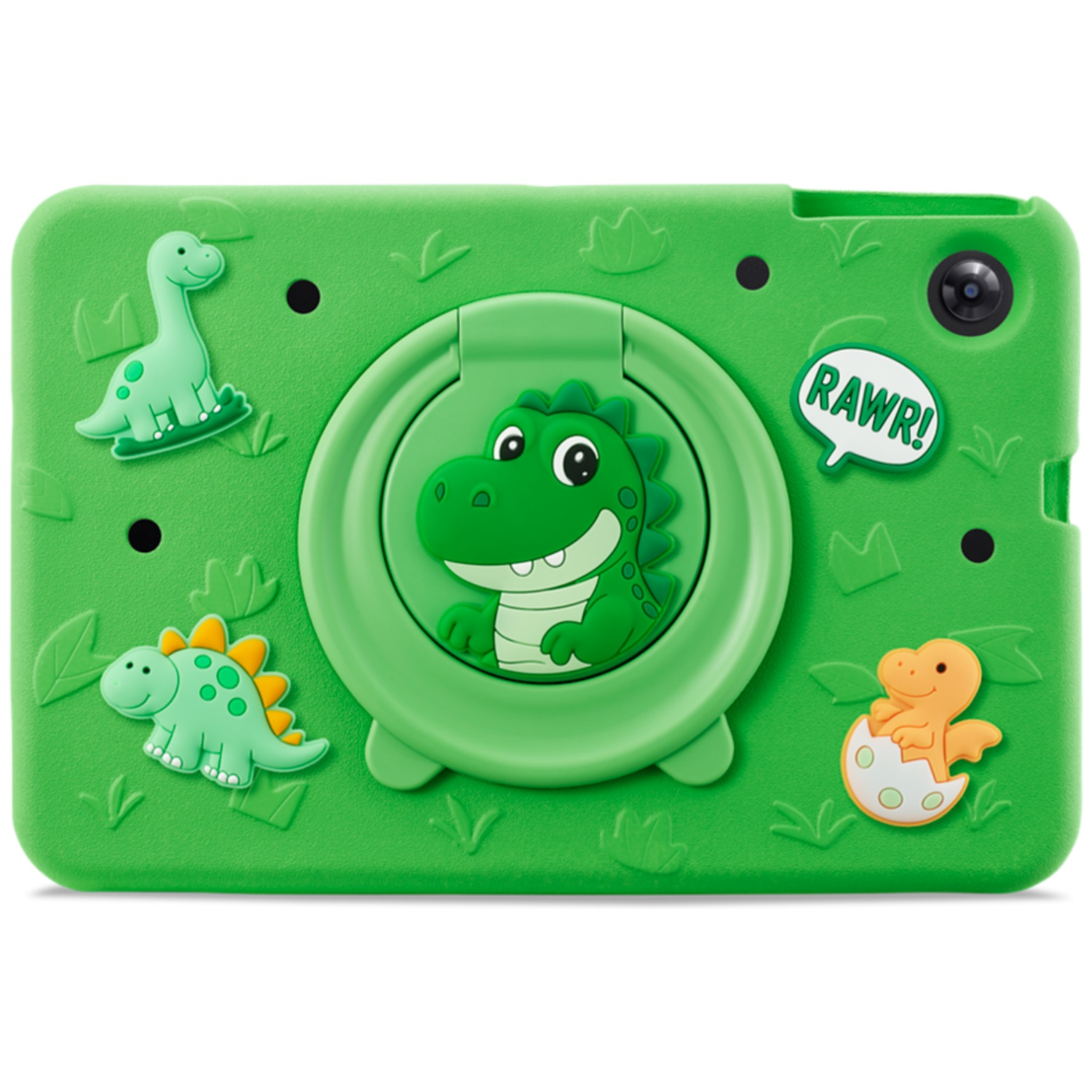 Groene kindertablethoes met dinosaurusmotieven en een geïntegreerde standaard.