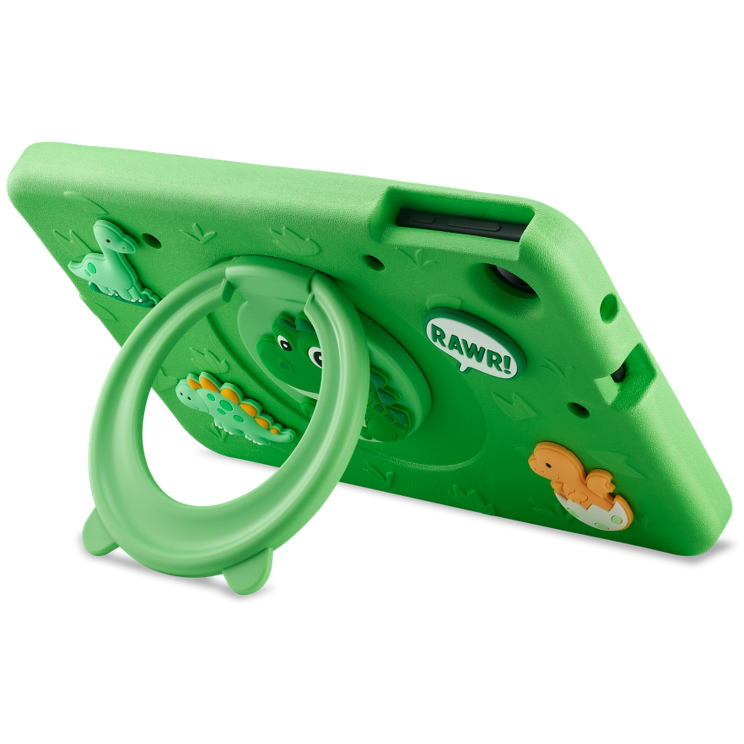 Groene dinosaurus tablet hoes met een ingebouwde, inklapbare ringstandandaard op de achterkant.