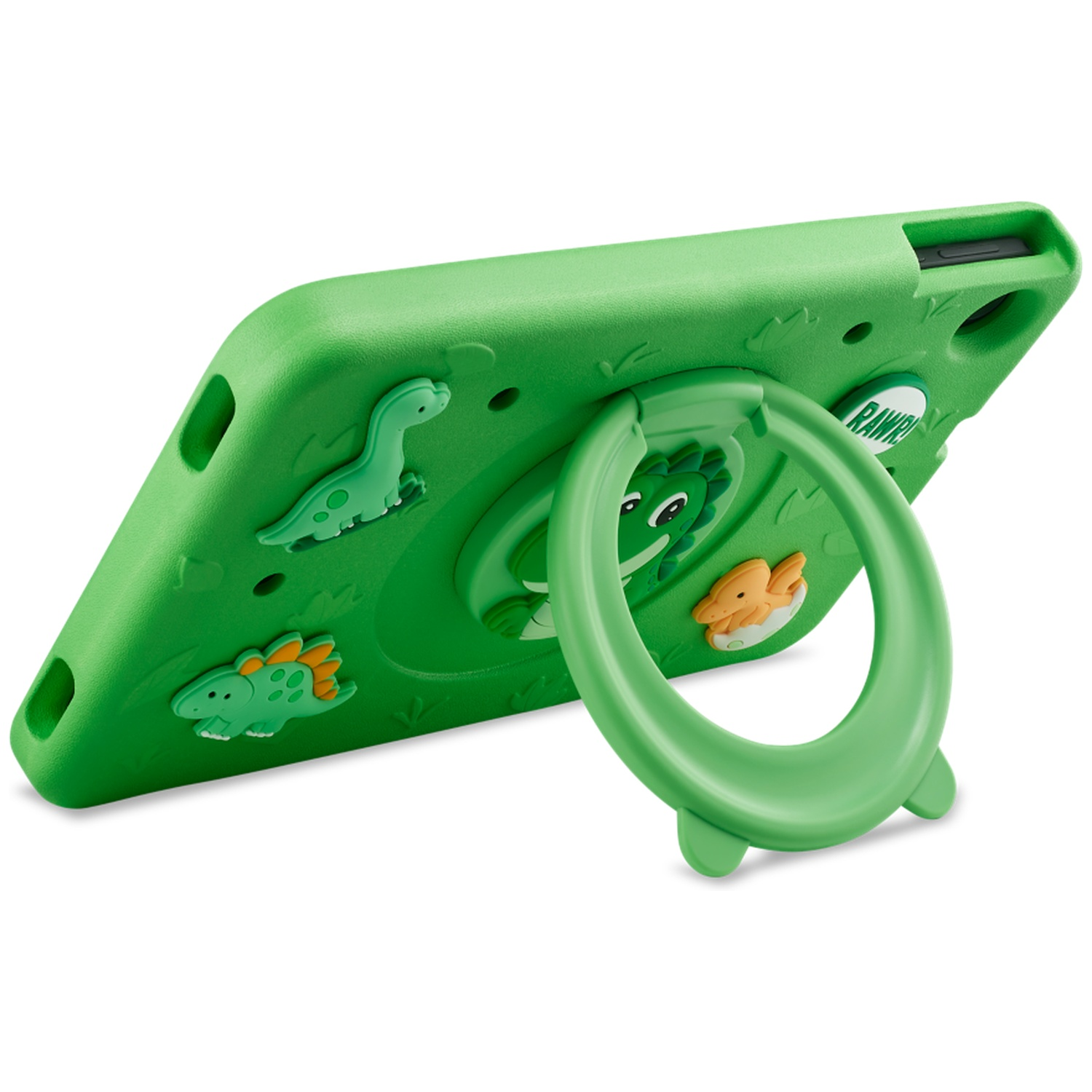 Groene kinder-tablethoes met dinosaurustekeningen en een ingebouwde ringstandaard.