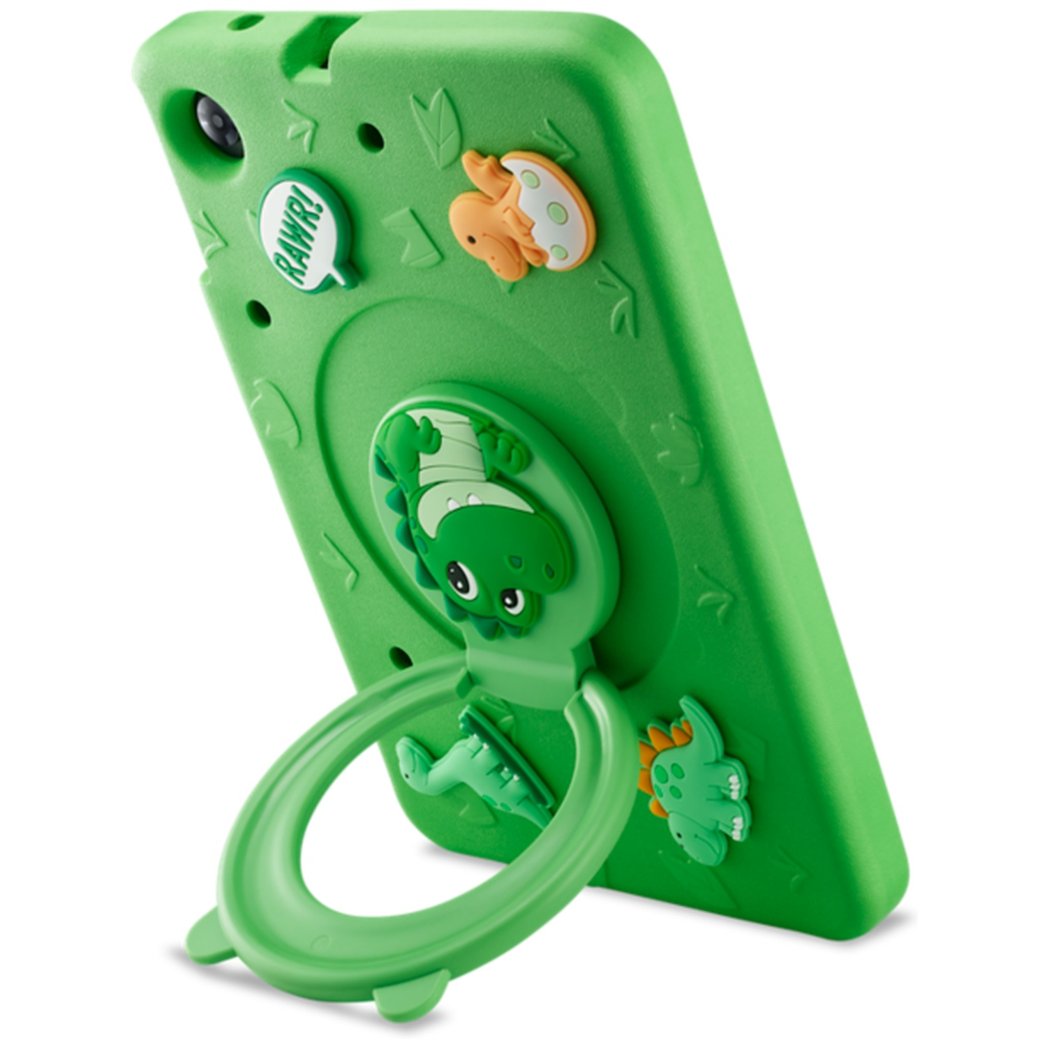 Groene tablethoes met dinosaurusdecoratie en een geïntegreerde ronde ringstandaard aan de achterkant.