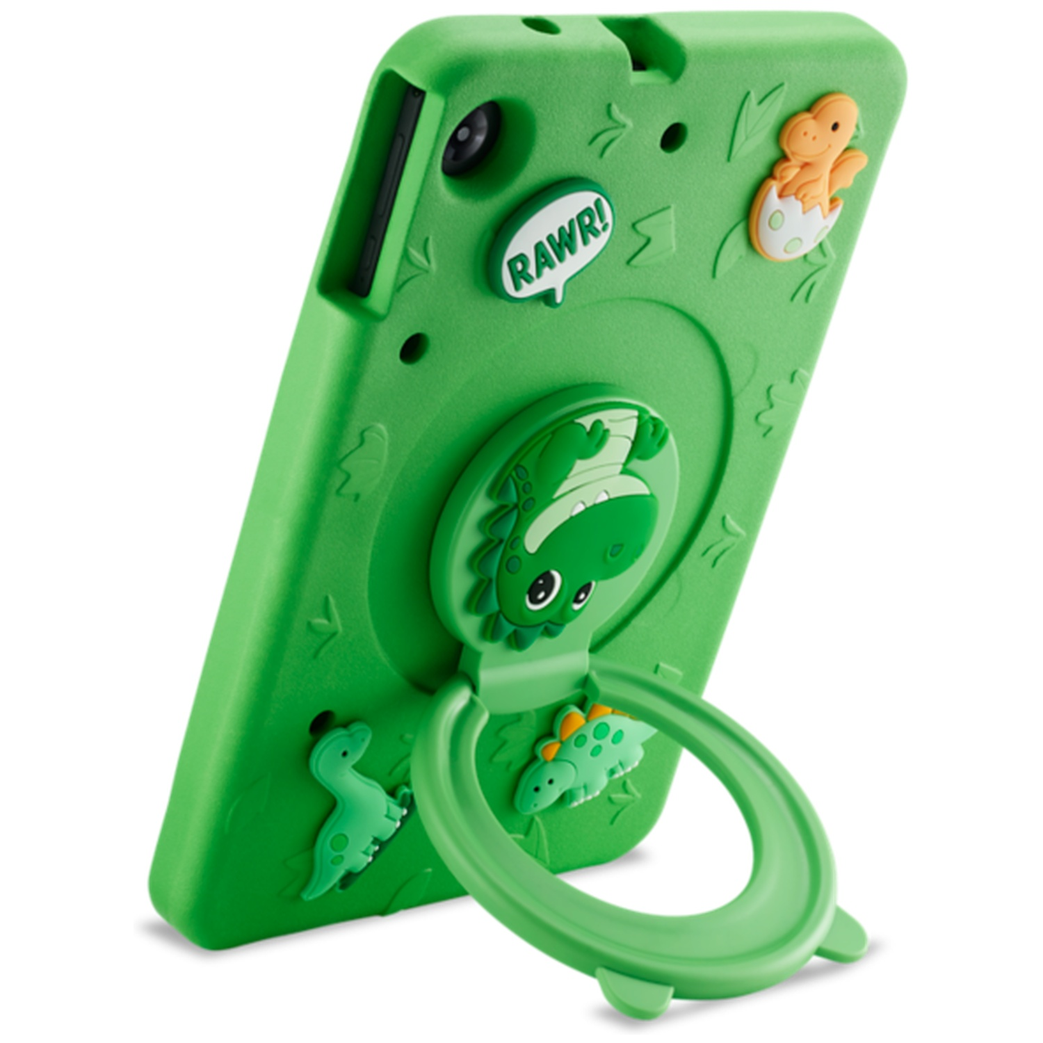 Groene kinder-tablethoes met dinosaurustekeningen en een geïntegreerde ringstandaard aan de achterkant.