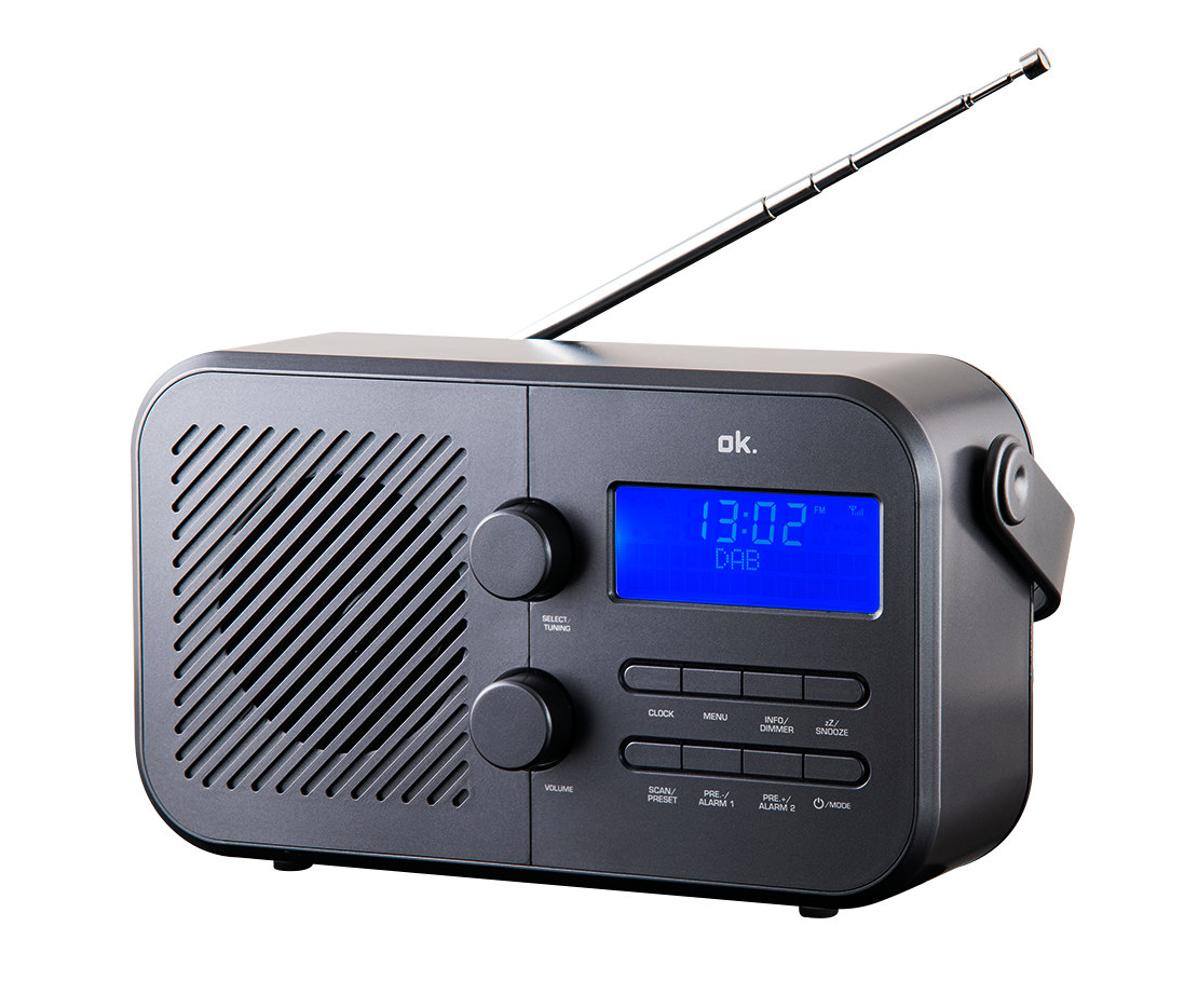 Ein schwarzes tragbares Radio mit ausziehbarer Antenne, blauem Digitaldisplay, Lautsprechergitter und Tasten.
