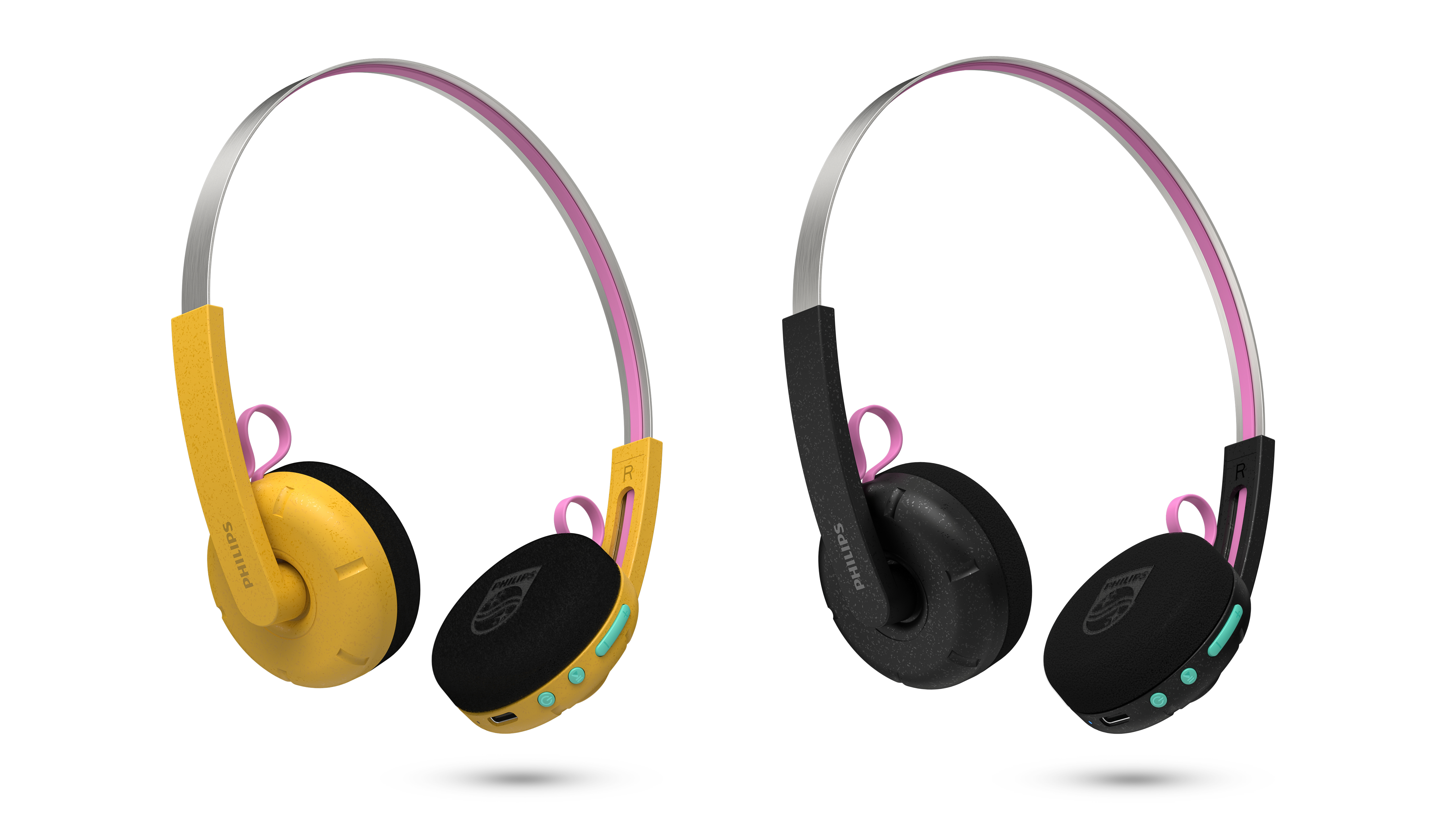 Zwei Philips Kopfhörer mit silberner und rosa Halterung. Links ein gelbes Modell, rechts ein schwarzes mit grünen Tasten.