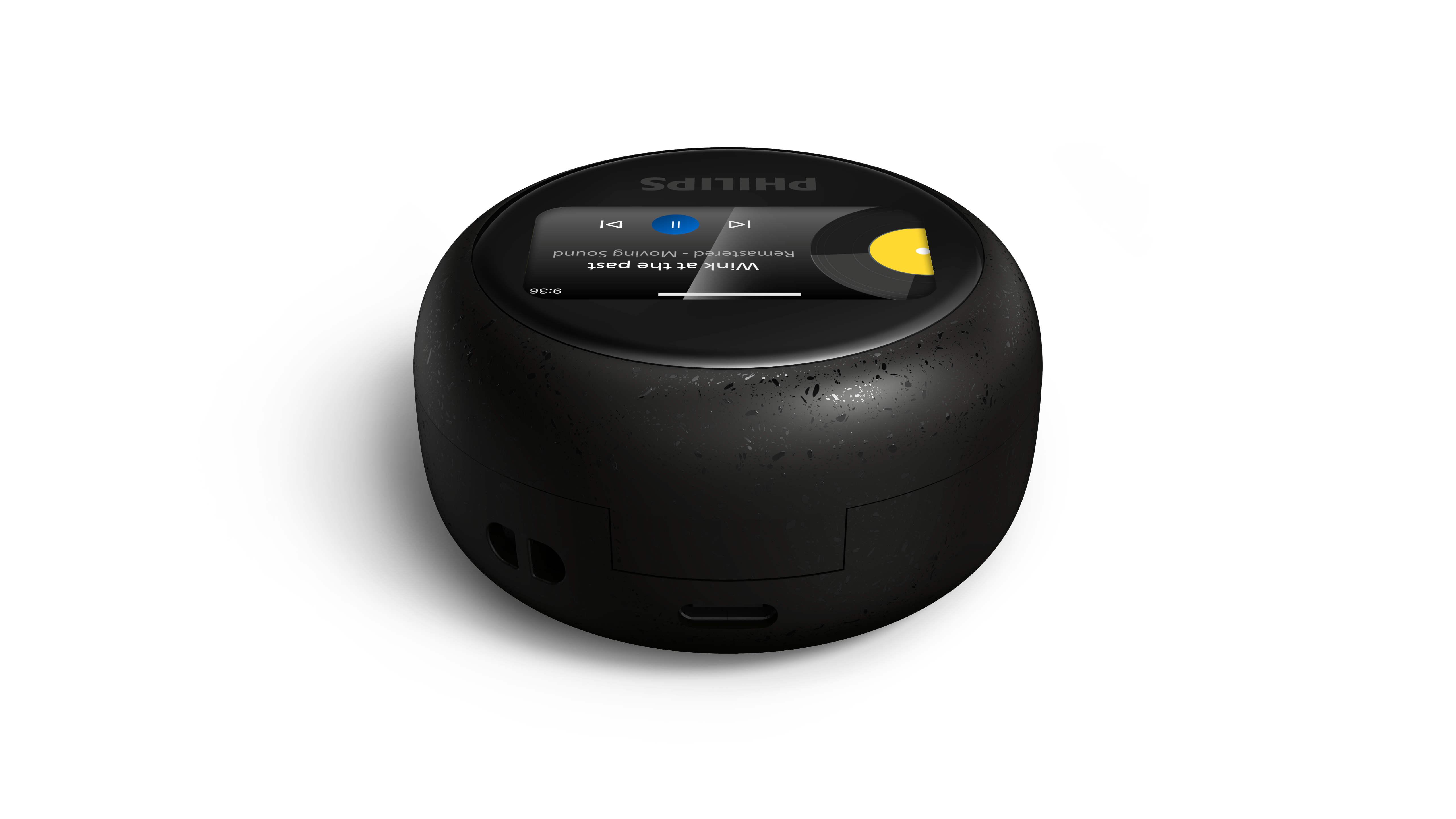 Ein schwarzes, rundes Philips Smart-Gerät mit Display und Musikwiedergabe vor weißem Hintergrund.