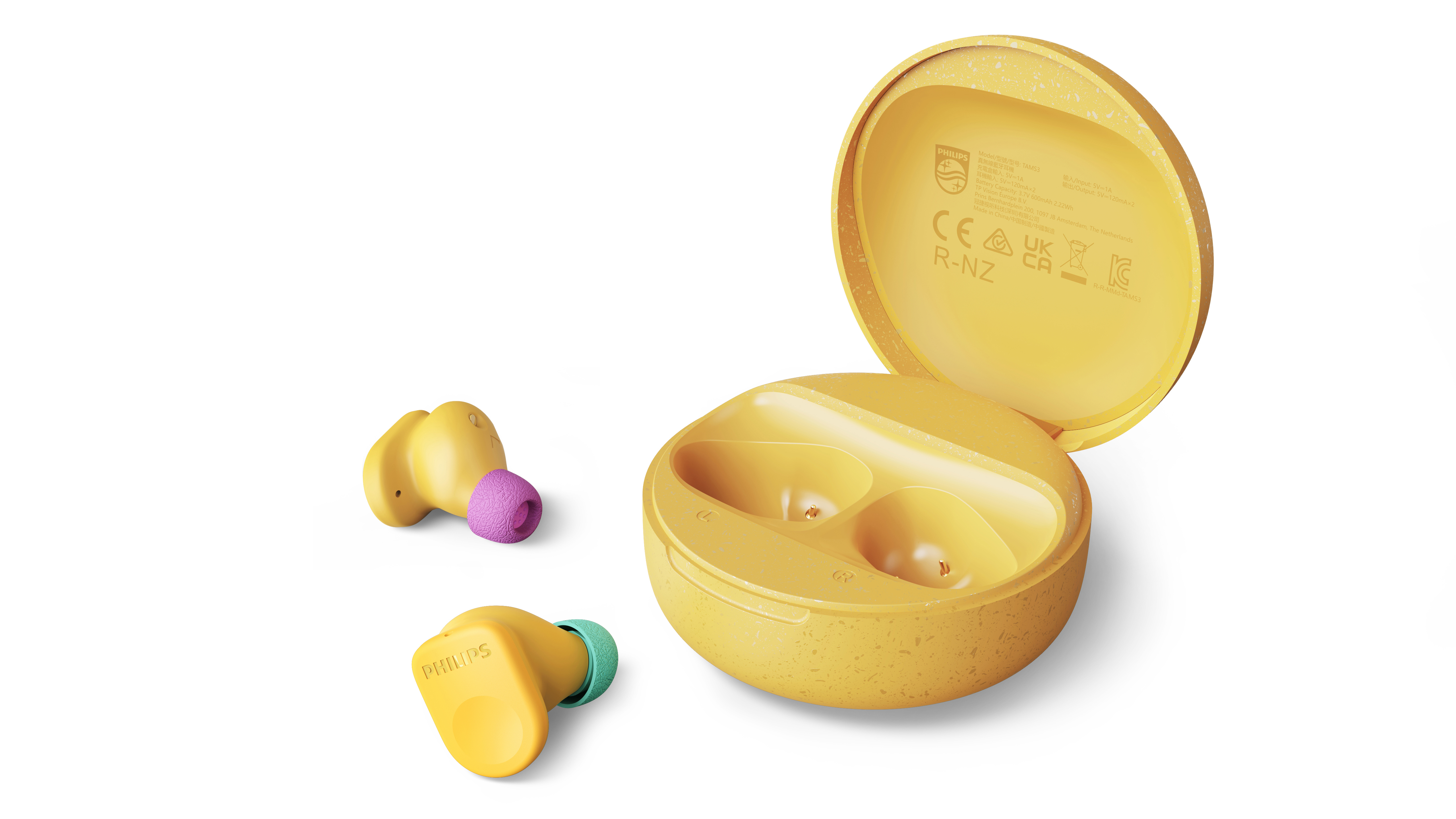 Gelbe kabellose In-Ear-Kopfhörer mit bunte Silikonaufsätzen und passender Ladebox auf weißem Hintergrund.