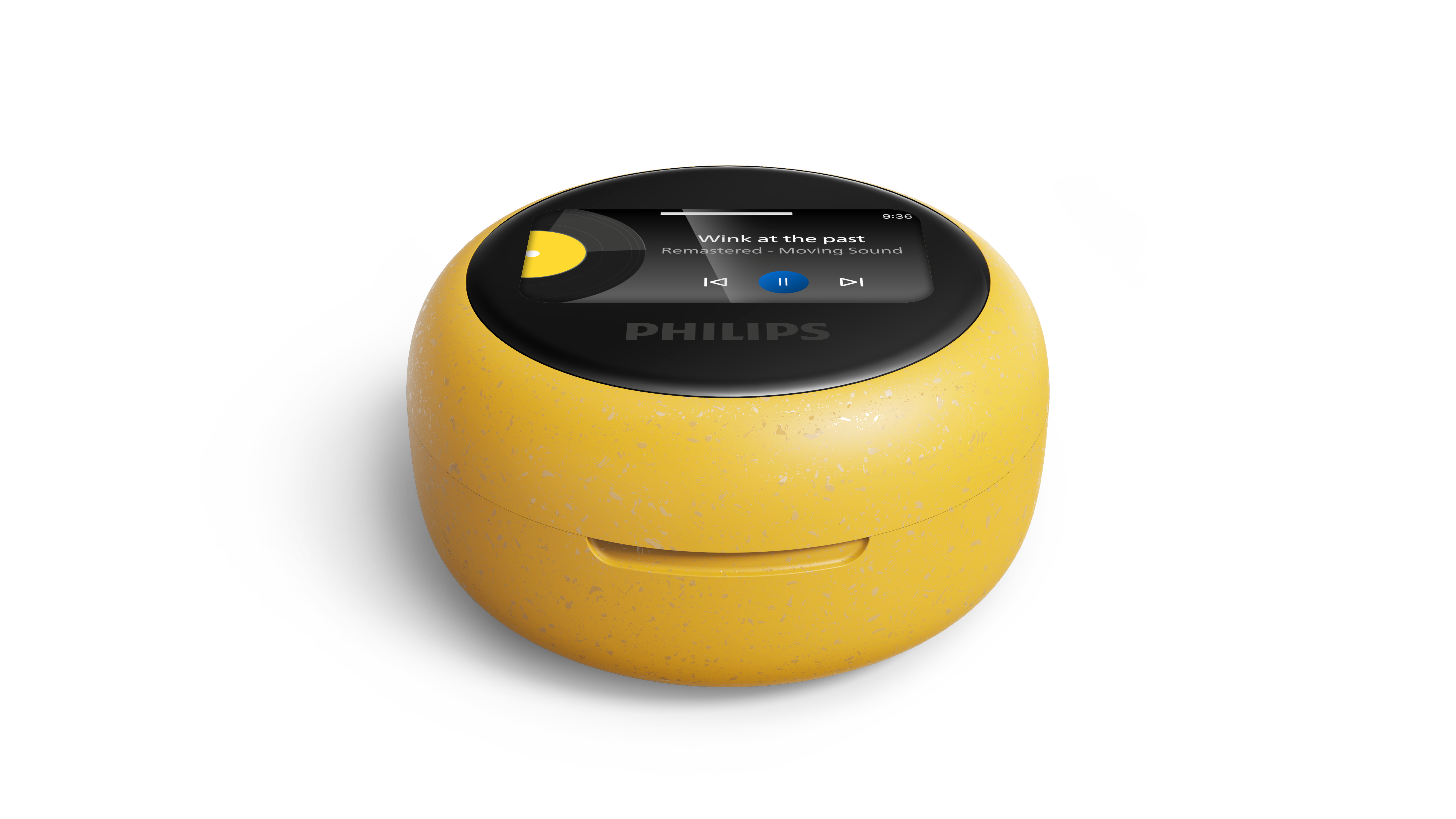 Ein runder, gelber Philips Audioplayer mit schwarzem Display, der einen Musiktitel anzeigt, auf weißem Hintergrund.