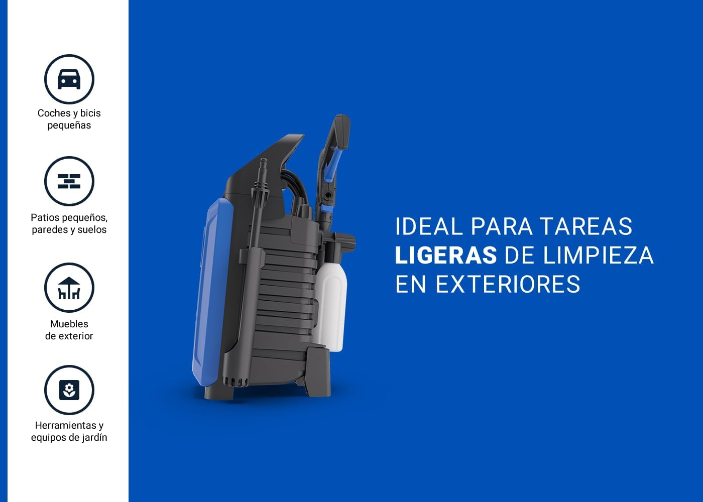 Una hidrolimpiadora azul sobre fondo azul con iconos y texto para tareas de limpieza ligera en exteriores.