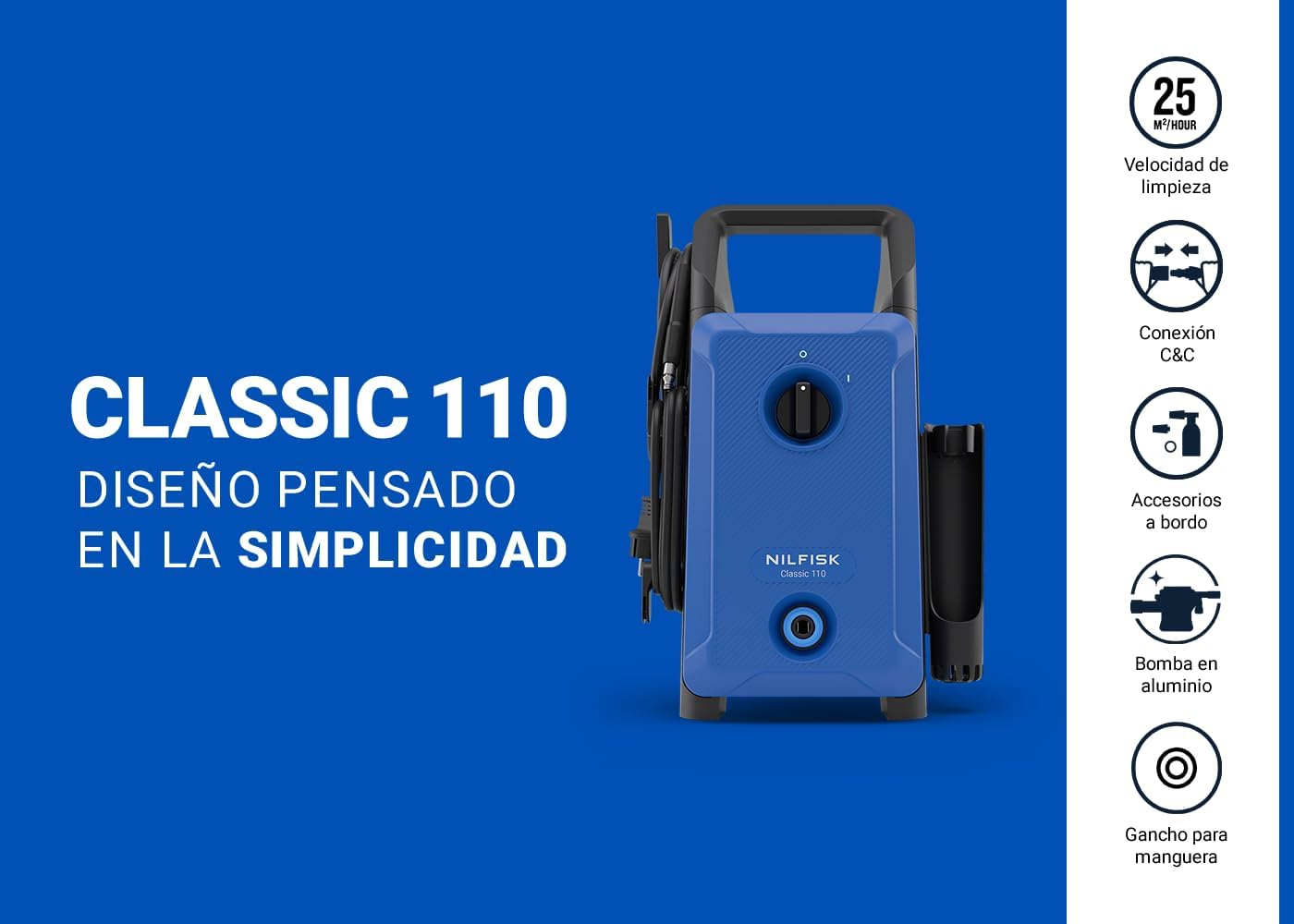 Hidrolavadora azul Nilfisk Classic 110 sobre fondo azul con características.